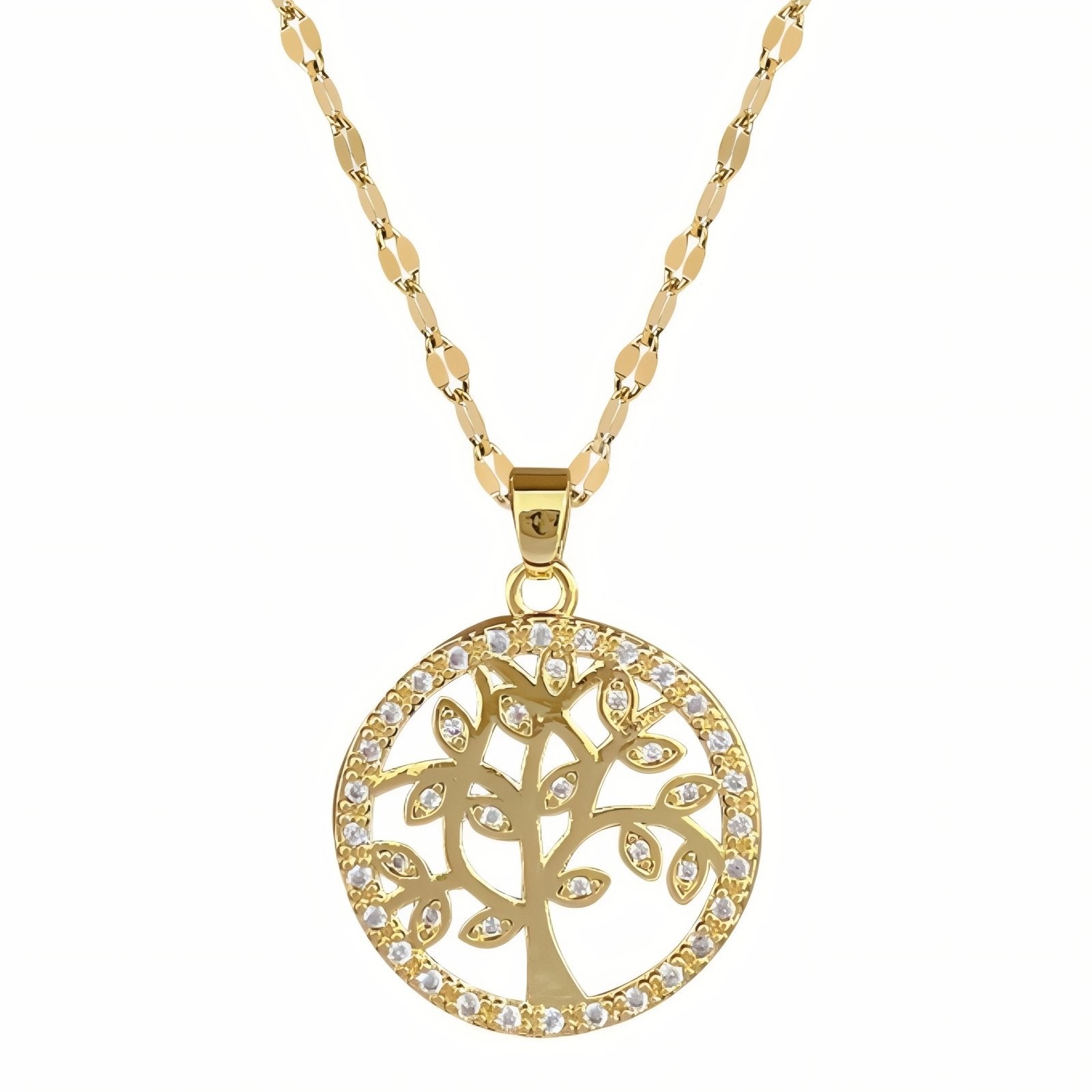 Collier pendentif arbre de vie pour femme en cuivre, avec zircon brillant et chaîne en acier inoxydable