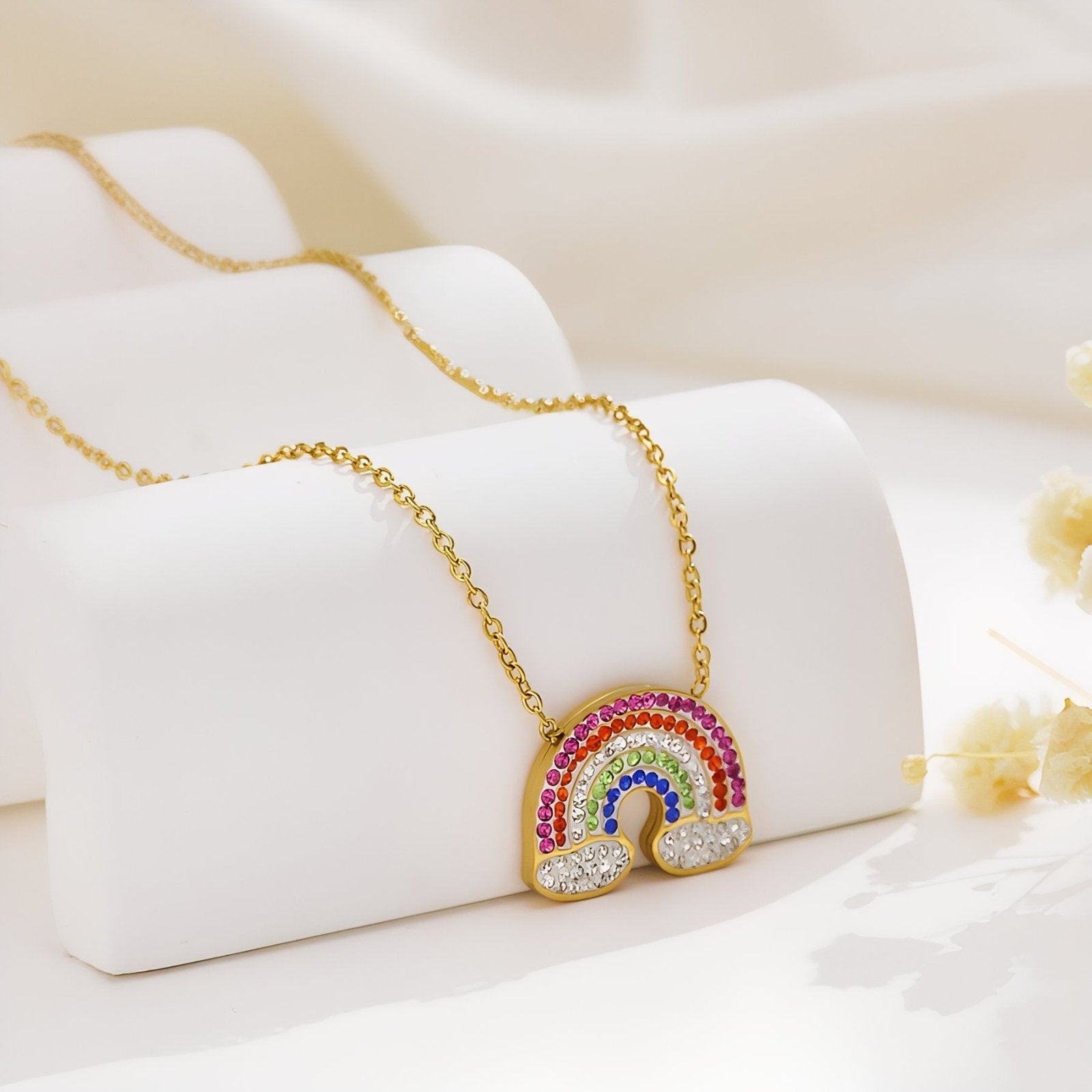 Collier pendentif arc - en - ciel en acier inoxydable et or 18K, zircons colorés
