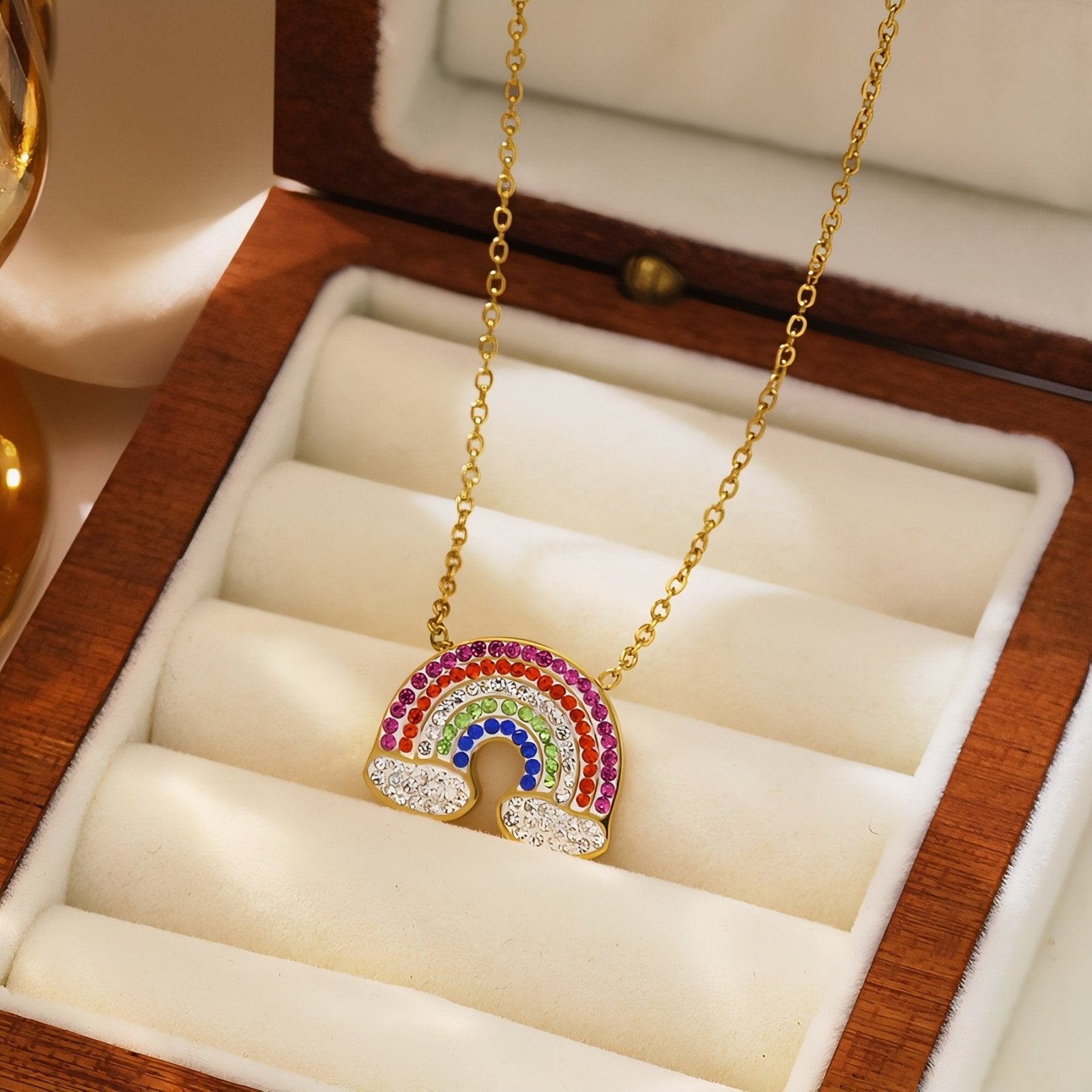 Collier pendentif arc - en - ciel en acier inoxydable et or 18K, zircons colorés