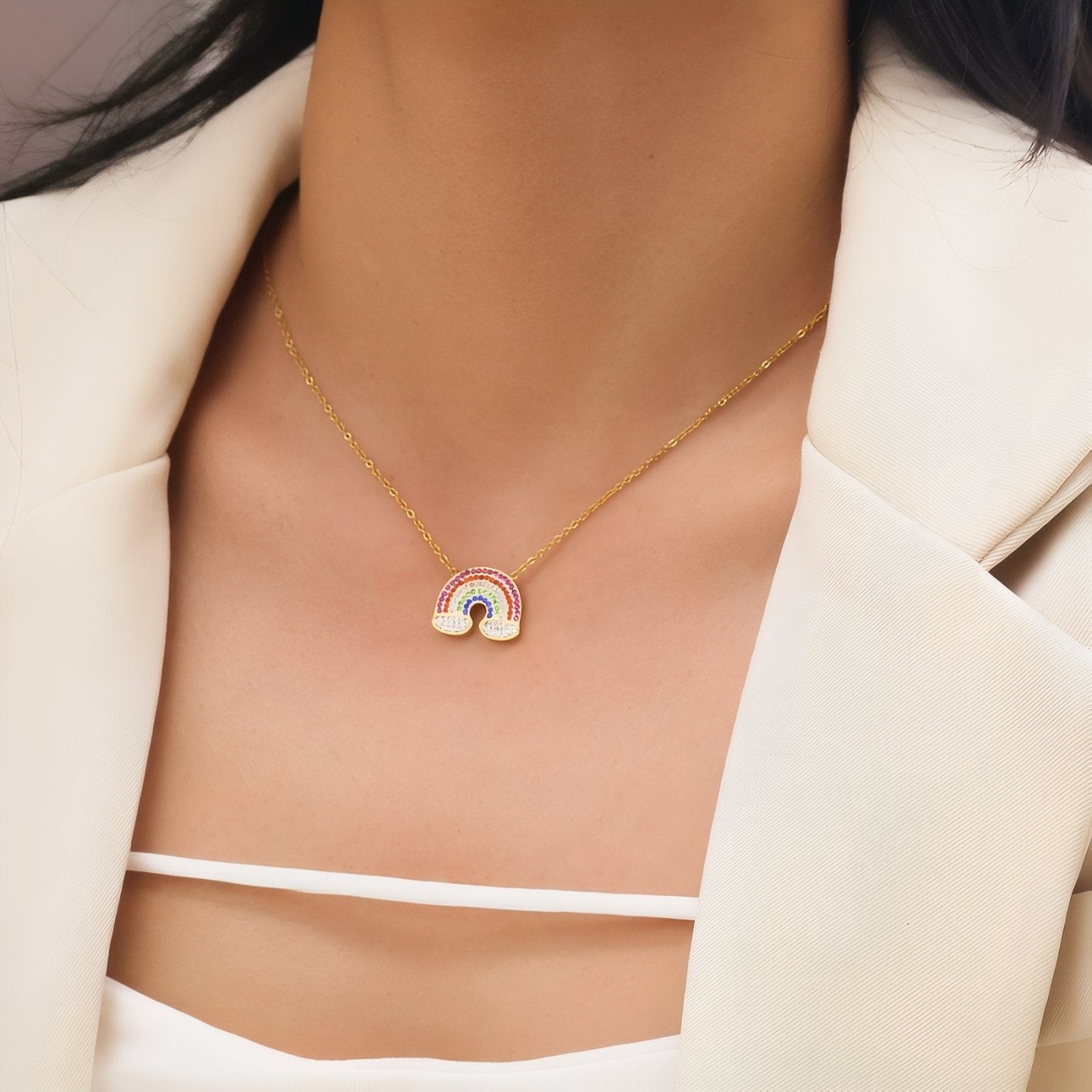 Collier pendentif arc - en - ciel en acier inoxydable et or 18K, zircons colorés