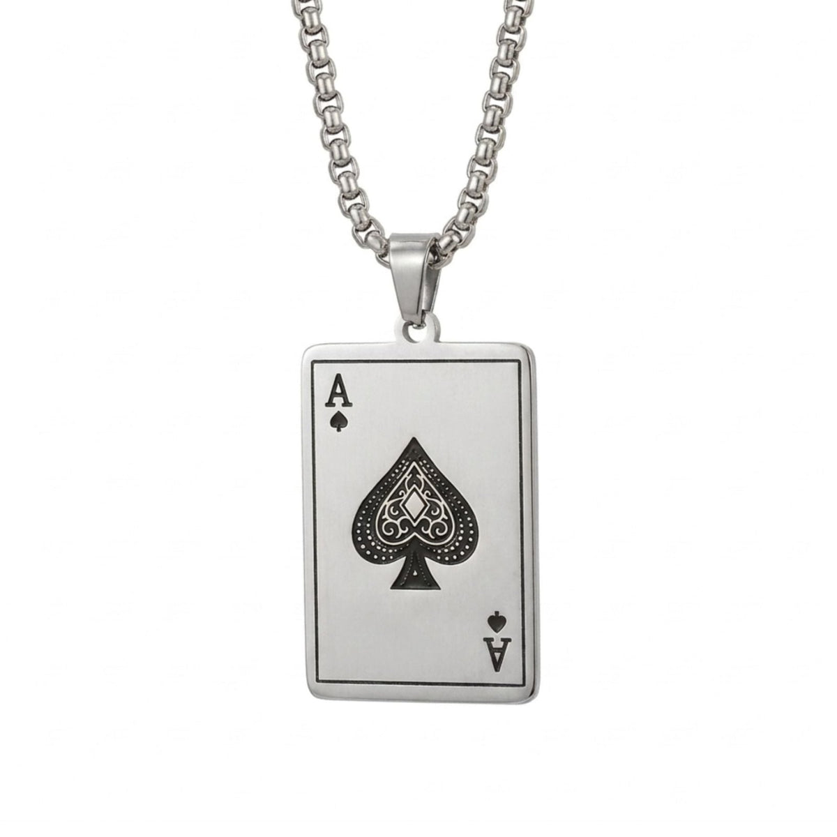 Collier pendentif as de pique pour homme, en acier inoxydable, carte à jouer rectangulaire aux motifs gravés