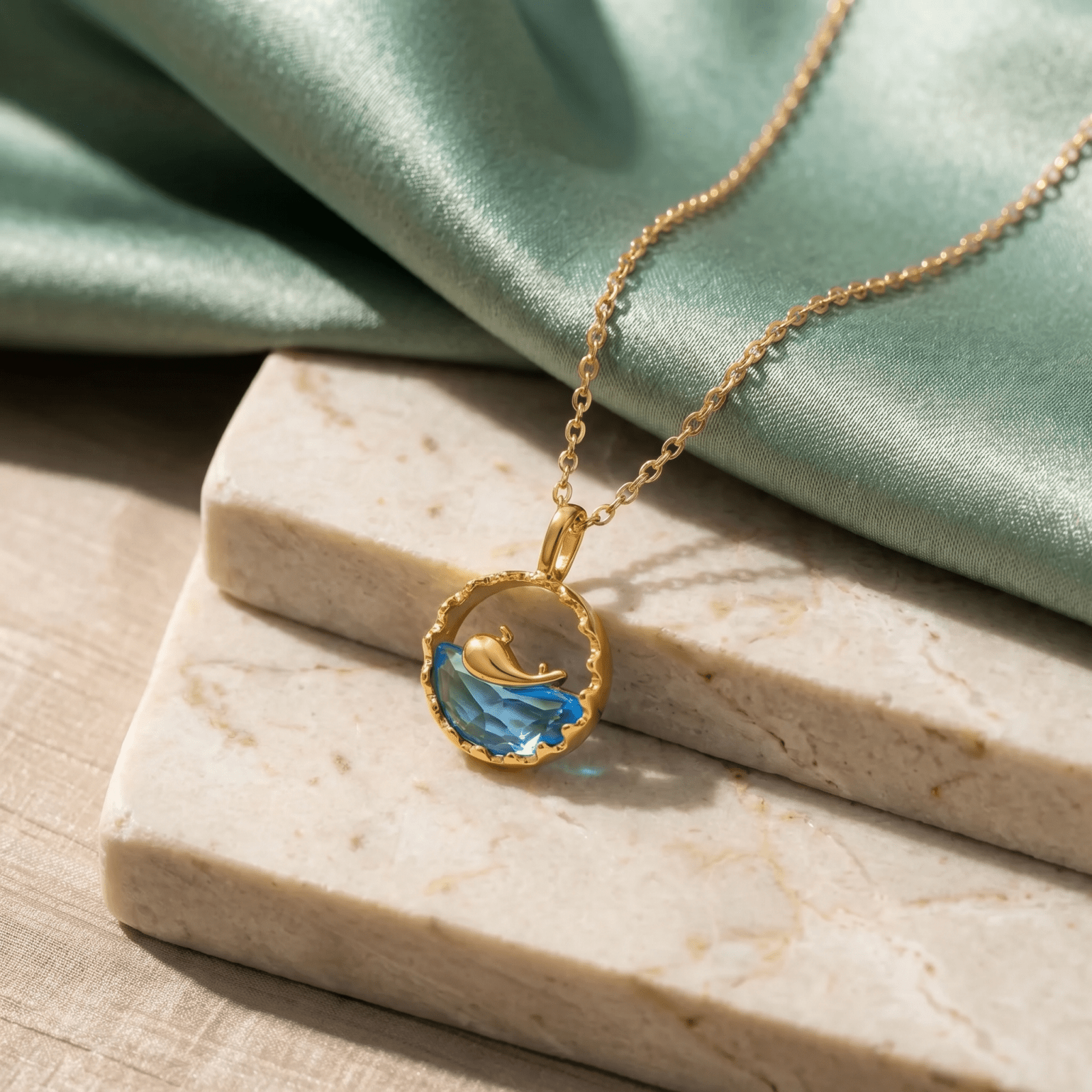 Collier pendentif baleine, en acier inoxydable plaqué or, pierre bleue topaze