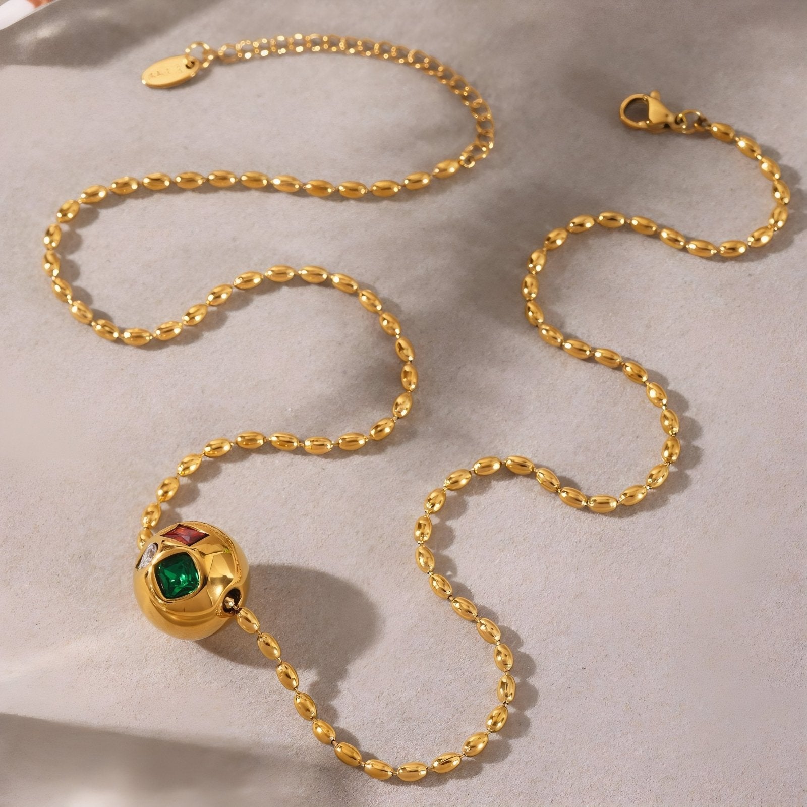 Collier pendentif boule pour femme, avec zircons multicolores, en acier inoxydable