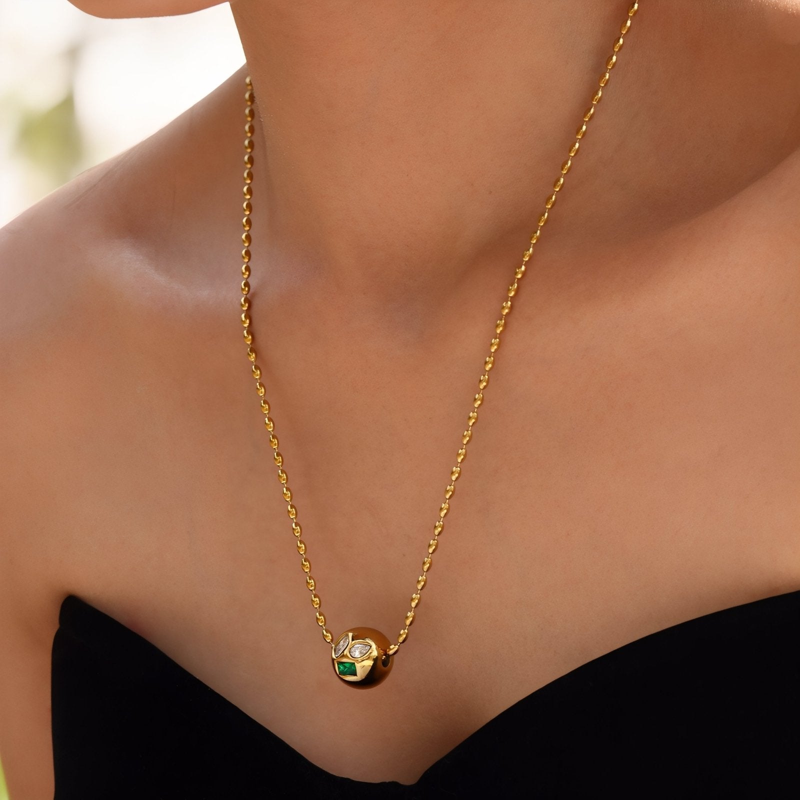 Collier pendentif boule pour femme, avec zircons multicolores, en acier inoxydable