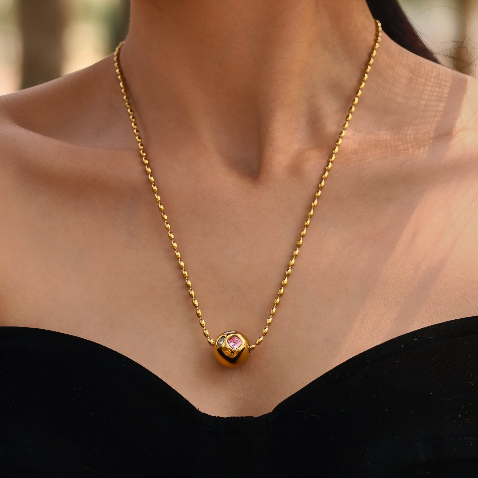 Collier pendentif boule pour femme, avec zircons multicolores, en acier inoxydable