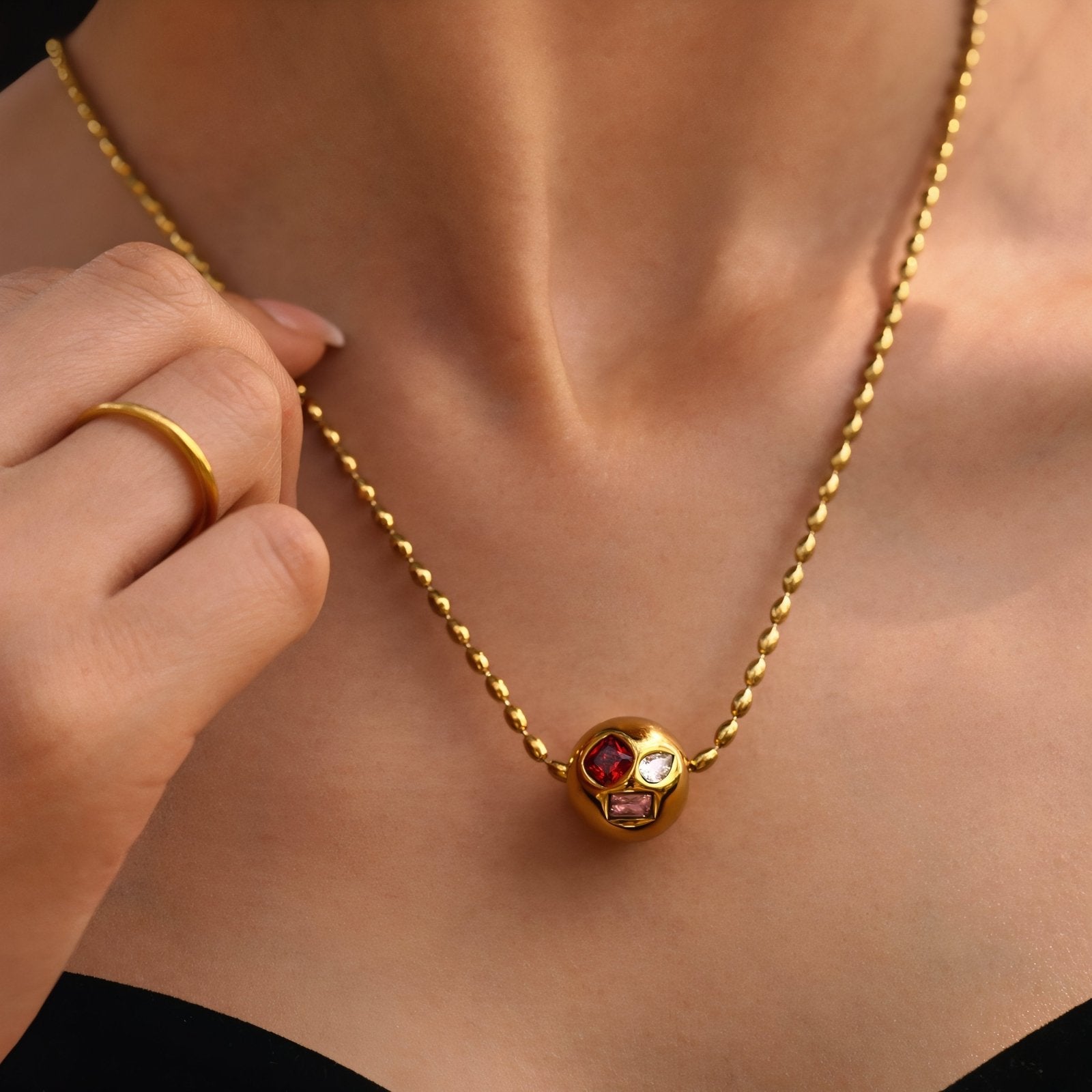 Collier pendentif boule pour femme, avec zircons multicolores, en acier inoxydable