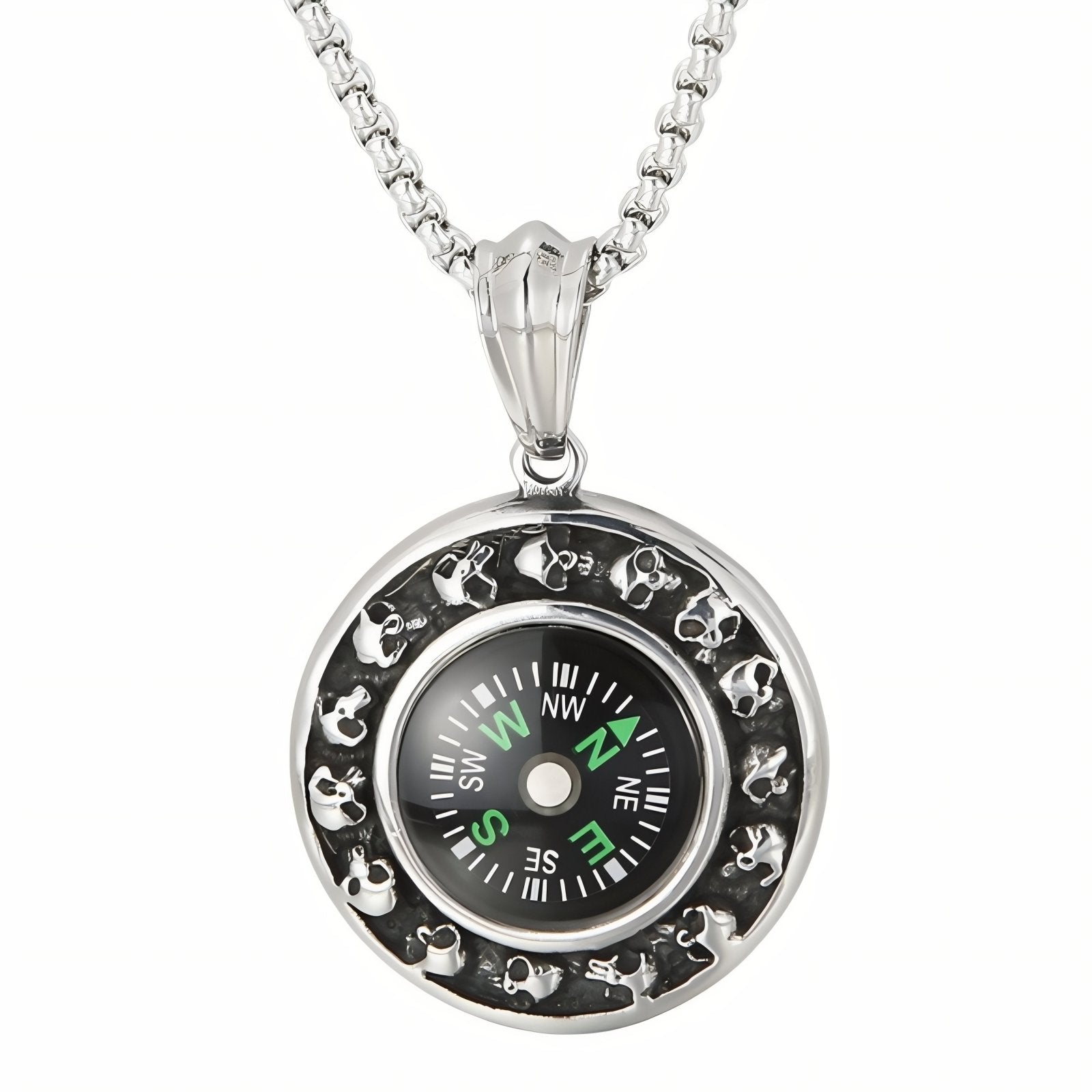 Collier pendentif boussole décorée crânes pour homme, en acier inoxydable, look urbain