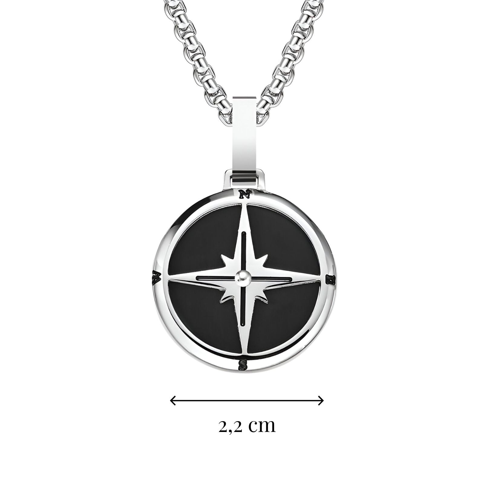 Collier pendentif boussole, en acier poli inoxydable bicolore, modèle Nautilus