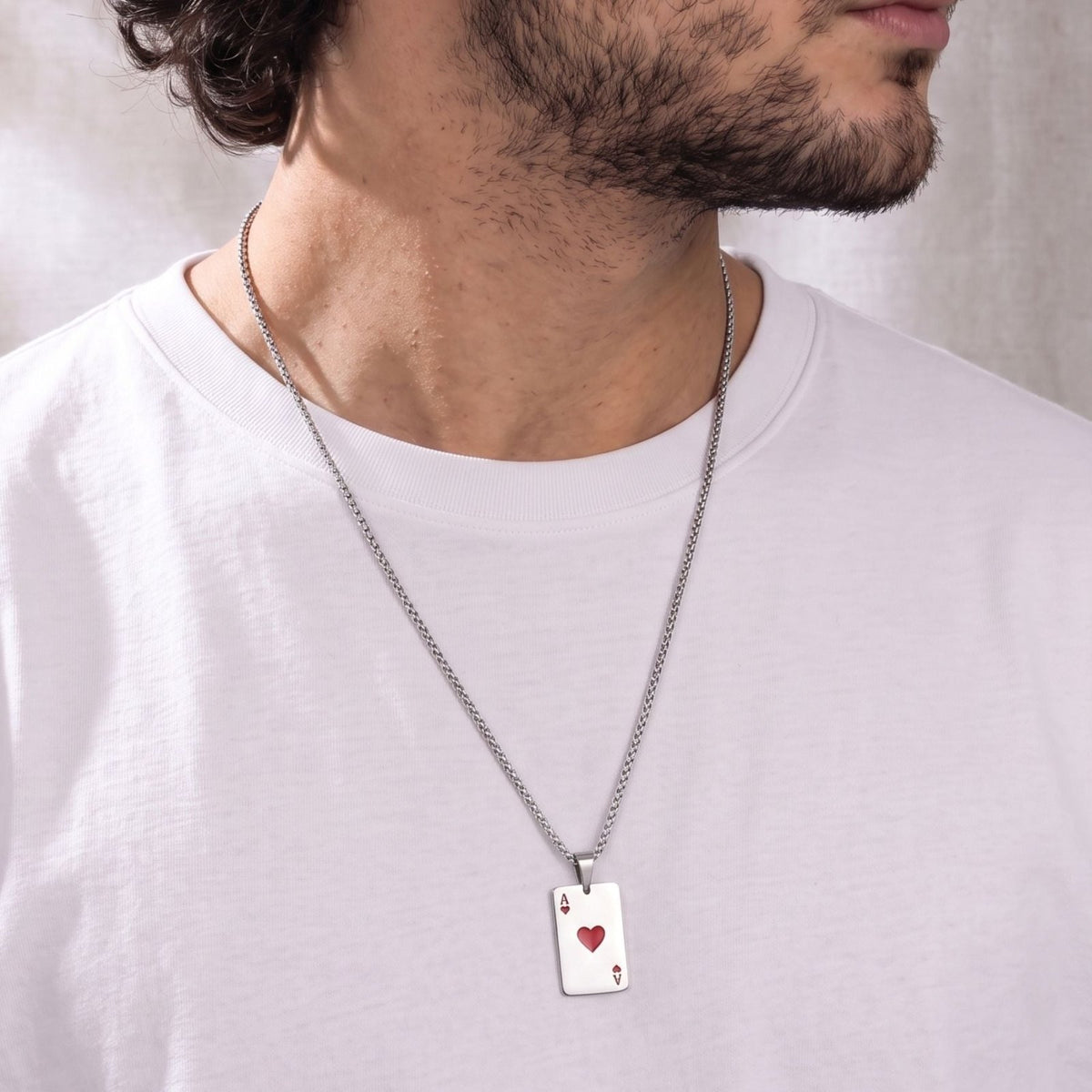 Collier pendentif carte à jouer pour homme, en acier inoxydable, plaque rectangulaire as de pique ou as de cœur