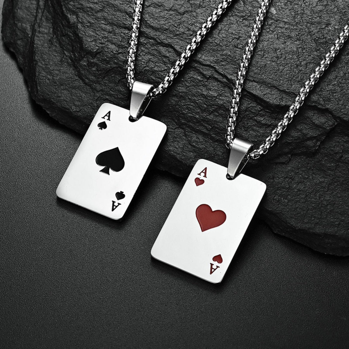 Collier pendentif carte à jouer pour homme, en acier inoxydable, plaque rectangulaire as de pique ou as de cœur