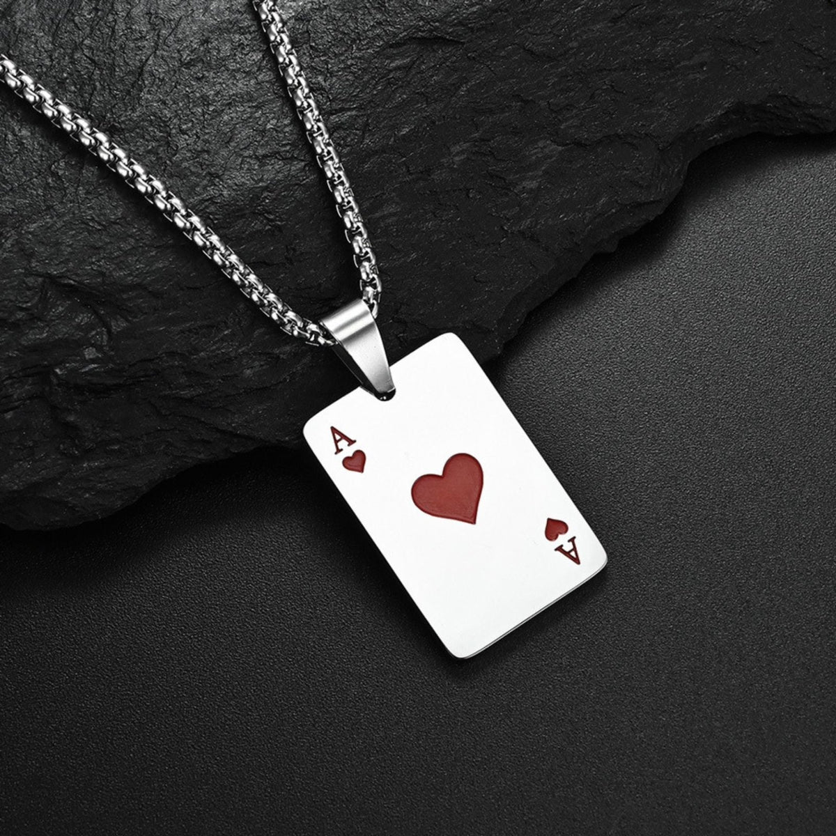 Collier pendentif carte à jouer pour homme, en acier inoxydable, plaque rectangulaire as de pique ou as de cœur