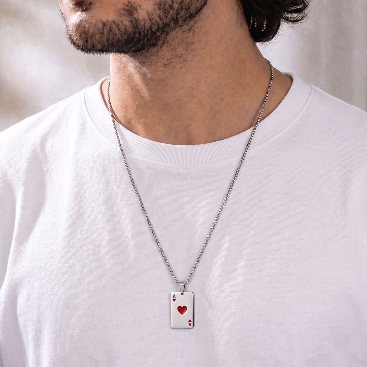 Collier pendentif carte à jouer pour homme, en acier inoxydable, plaque rectangulaire as de pique ou as de cœur