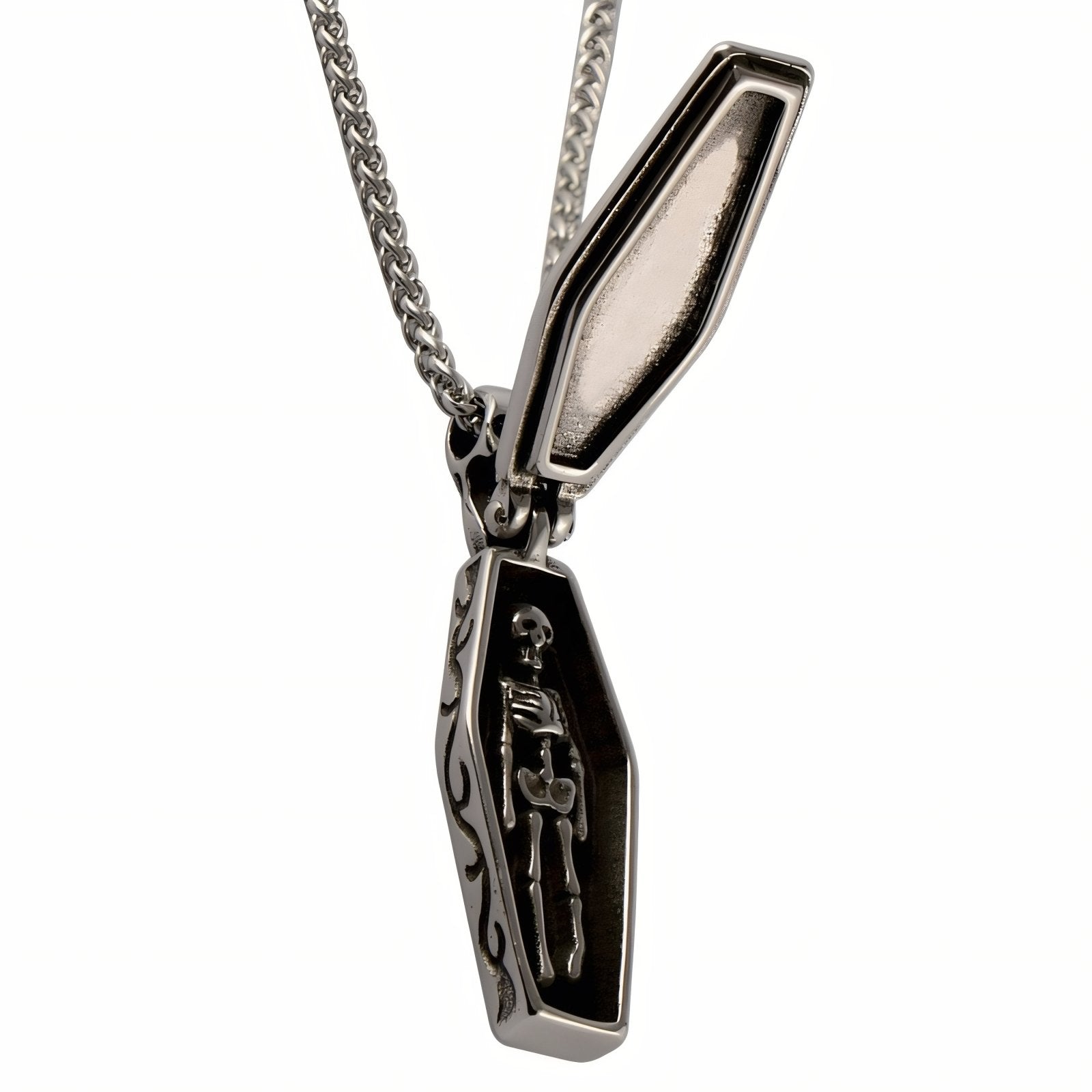 Collier pendentif cercueil avec squelette pour homme, en acier inoxydable