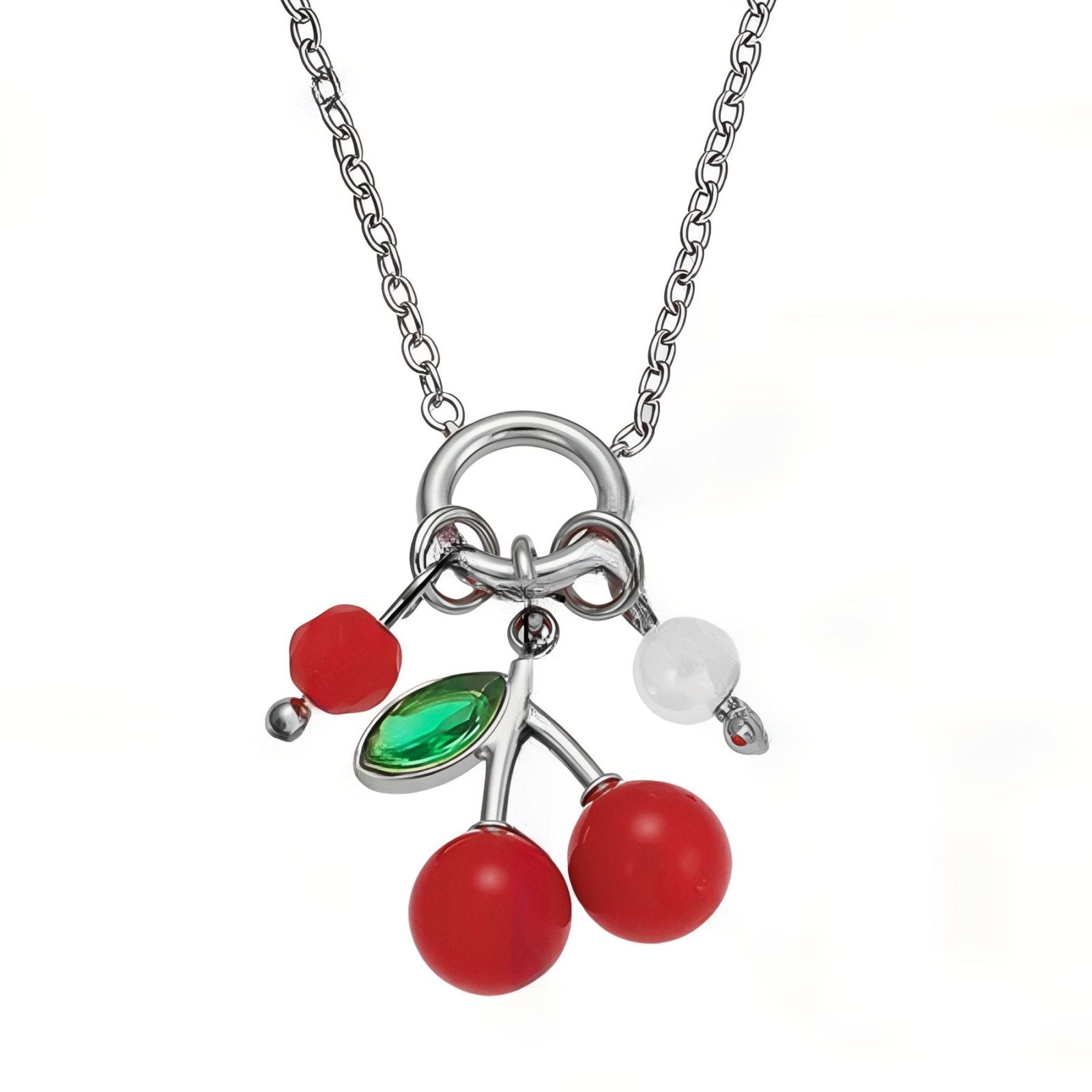 Collier pendentif charms cerises rouges, en acier inoxydable et zircon