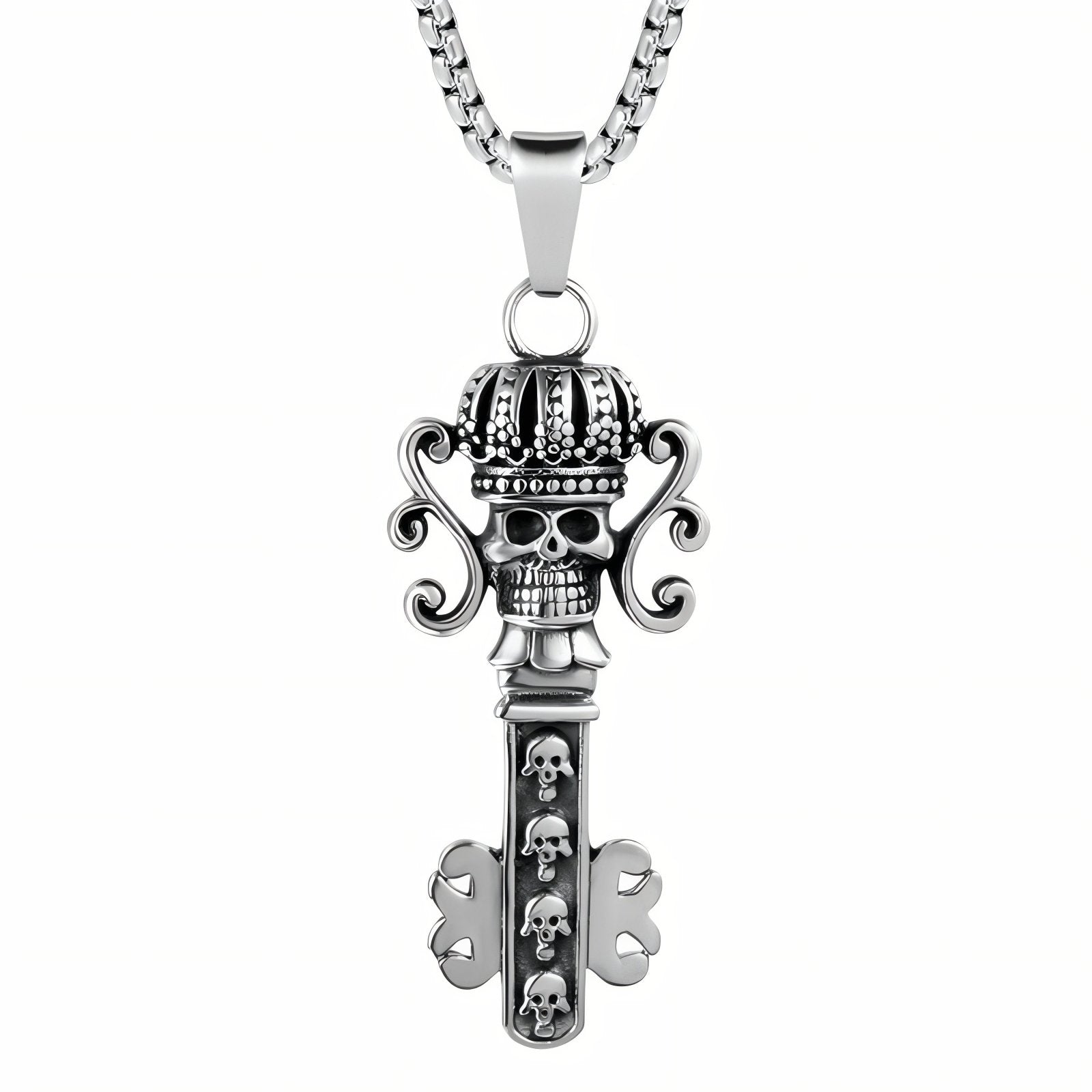Collier pendentif clé avec tête de mort et couronne pour homme, en acier inoxydable