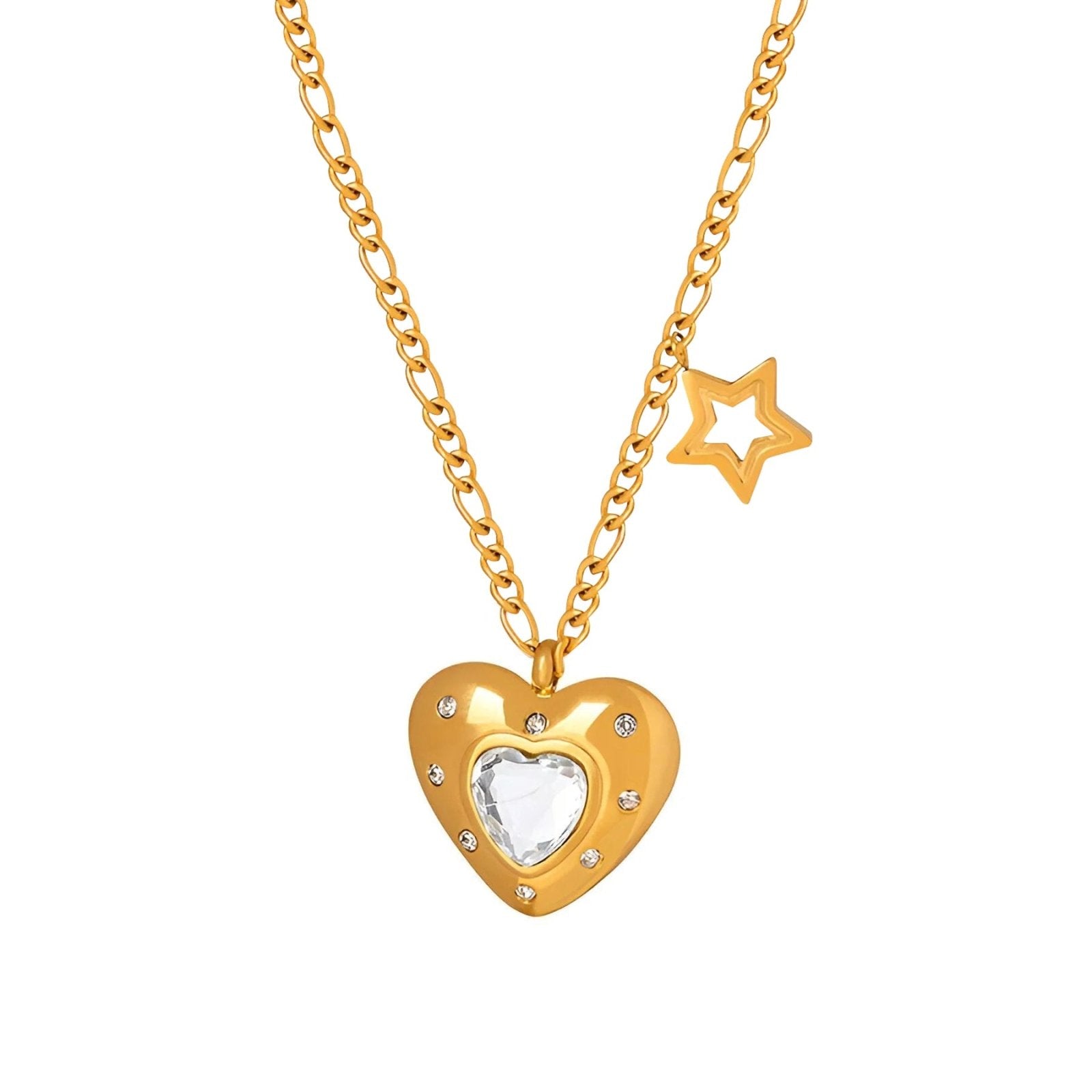 Collier pendentif cœur doré, verre teinté et étoile brillante, modèle Roumi
