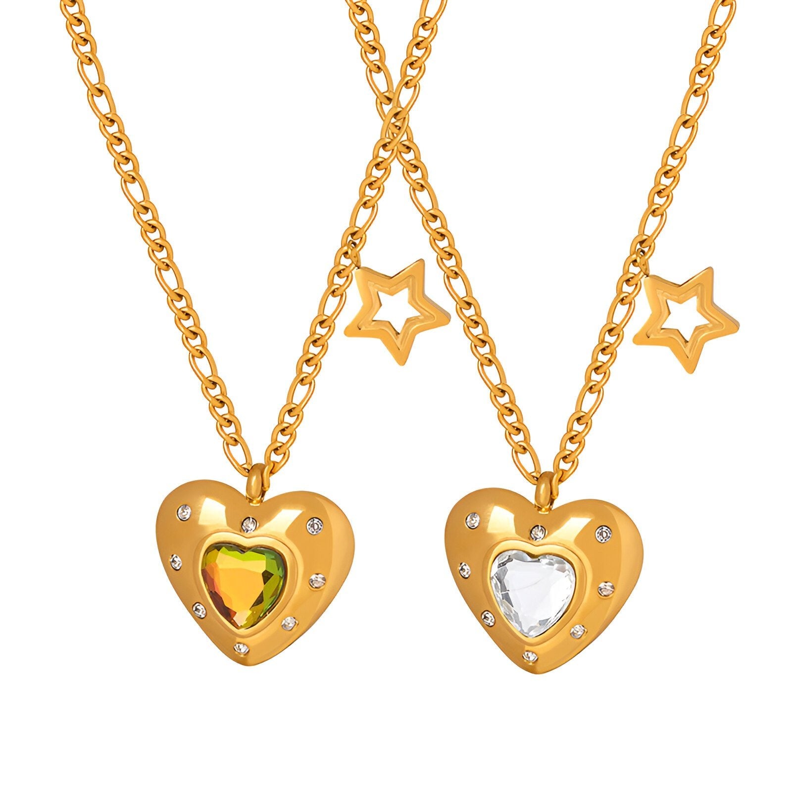 Collier pendentif cœur doré, verre teinté et étoile brillante, modèle Roumi