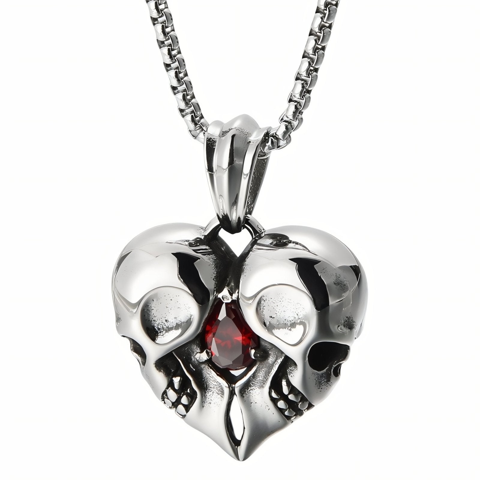 Collier pendentif cœur double crânes pour homme, avec zircon rouge, en acier inoxydable, style rock et gothique