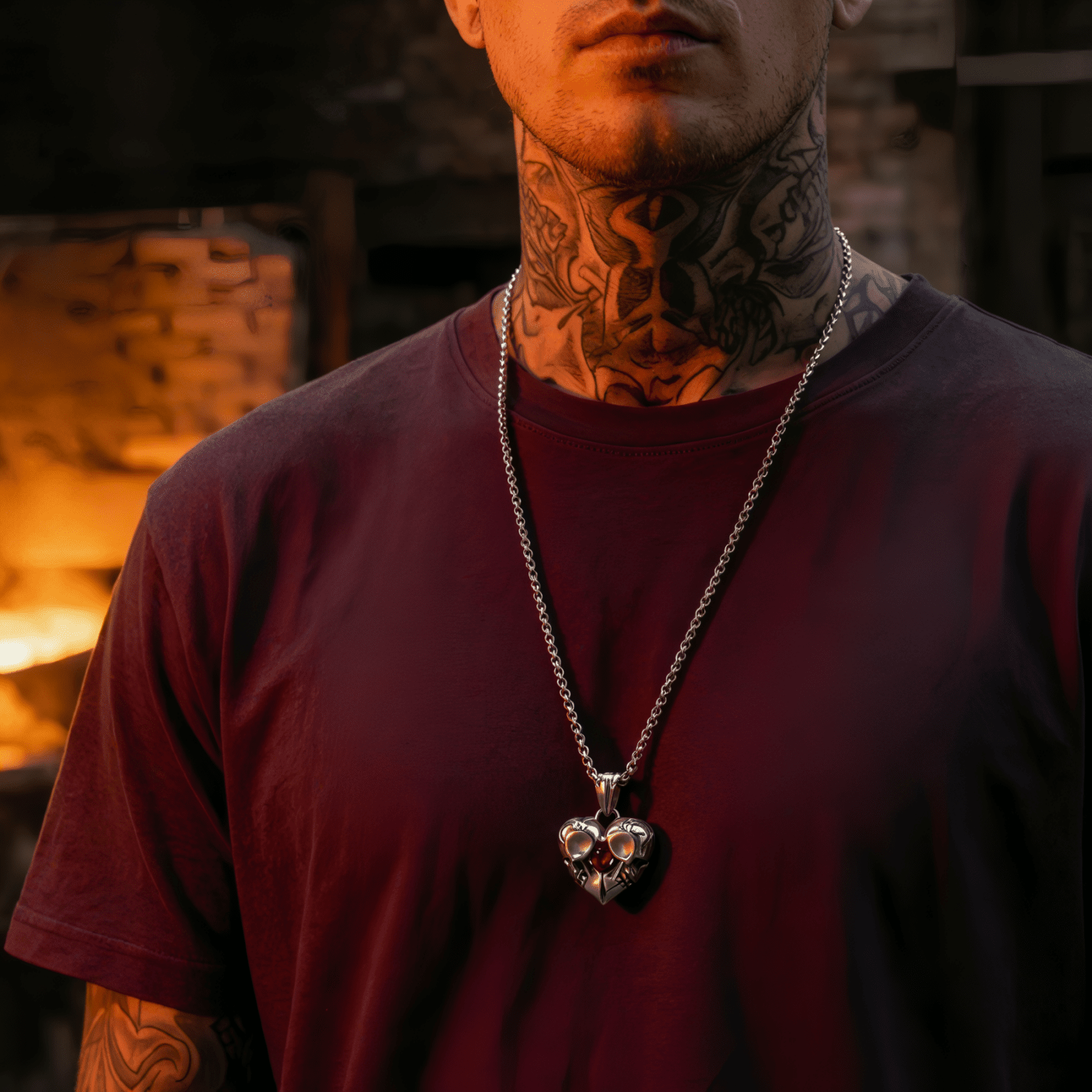 Collier pendentif cœur double crânes pour homme, avec zircon rouge, en acier inoxydable, style rock et gothique