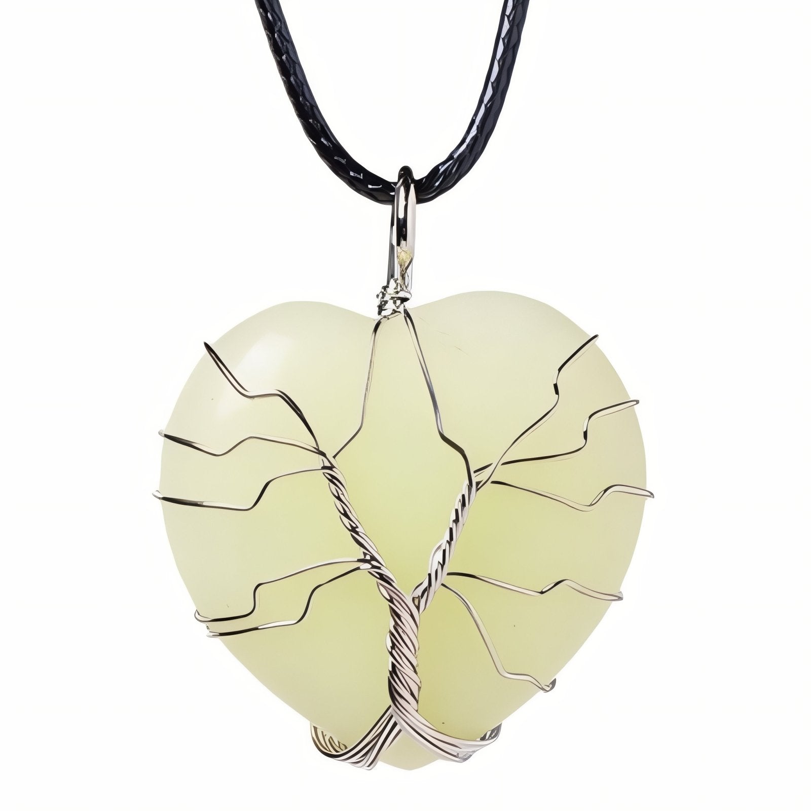 Collier pendentif cœur en pierre naturelle, orné d'un arbre de vie, avec cordon noir