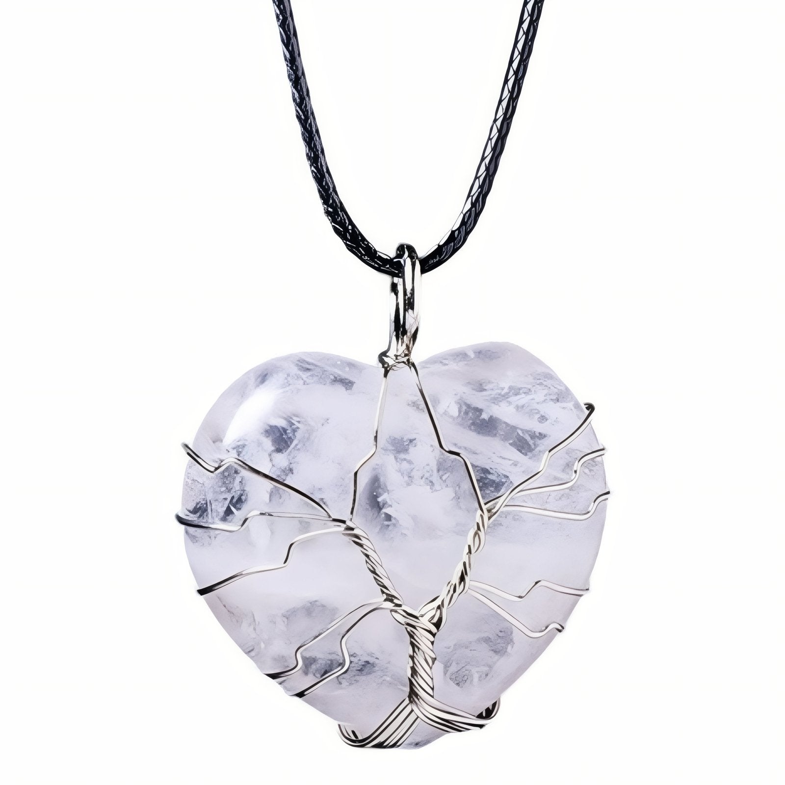 Collier pendentif cœur en pierre naturelle, orné d'un arbre de vie, avec cordon noir