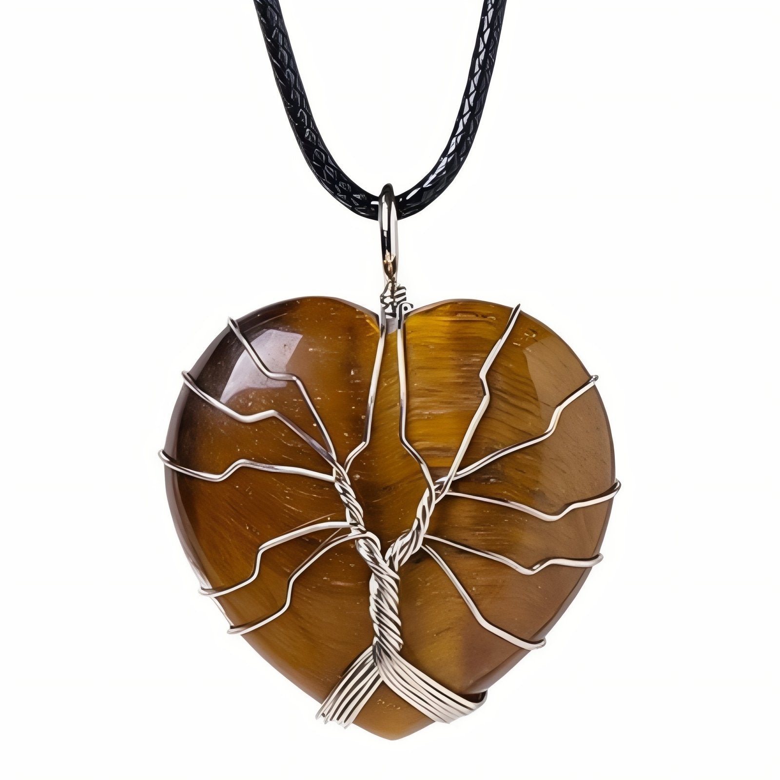 Collier pendentif cœur en pierre naturelle, orné d'un arbre de vie, avec cordon noir