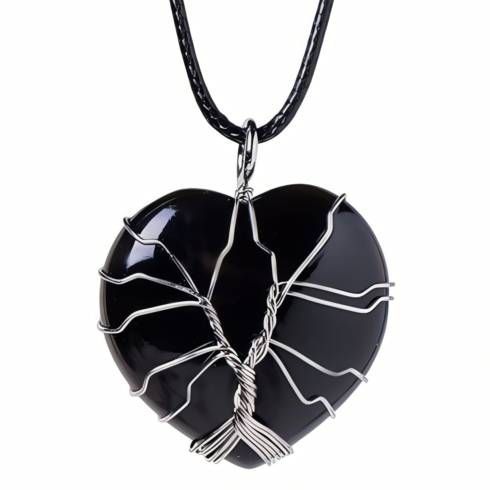 Collier pendentif cœur en pierre naturelle, orné d'un arbre de vie, avec cordon noir