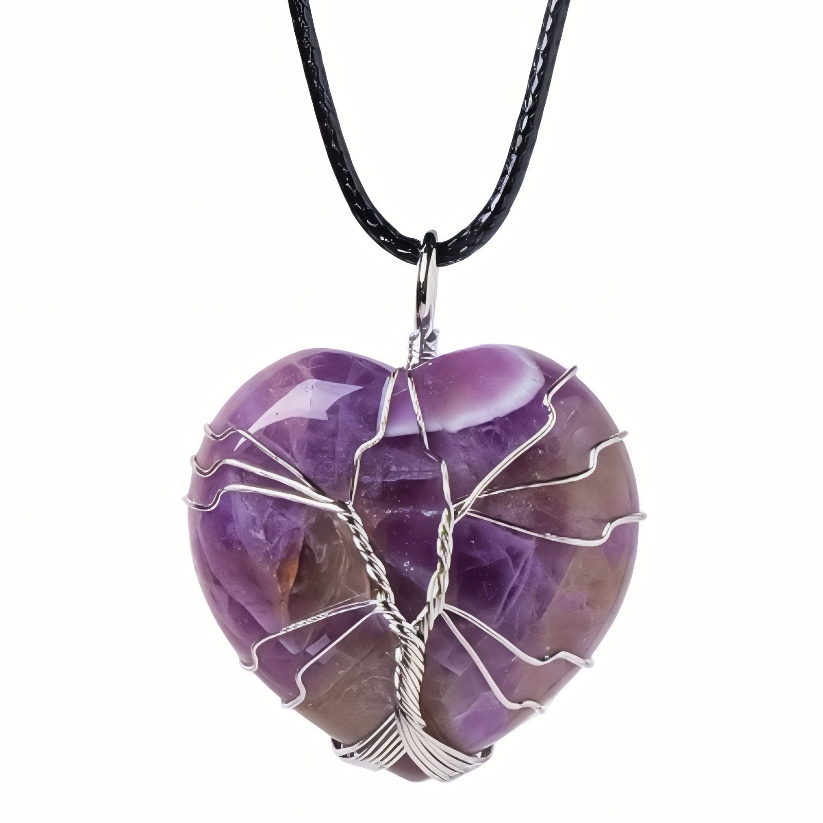 Collier pendentif cœur en pierre naturelle, orné d'un arbre de vie, avec cordon noir
