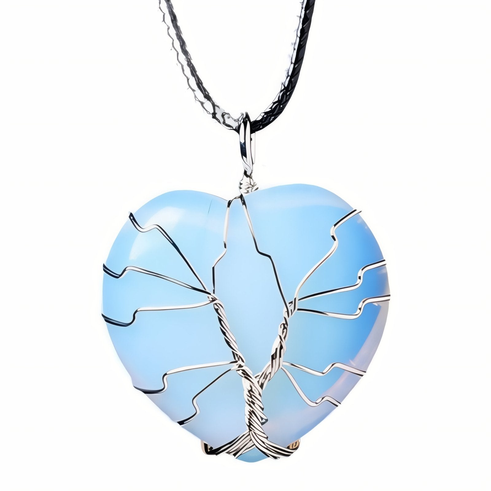 Collier pendentif cœur en pierre naturelle, orné d'un arbre de vie, avec cordon noir