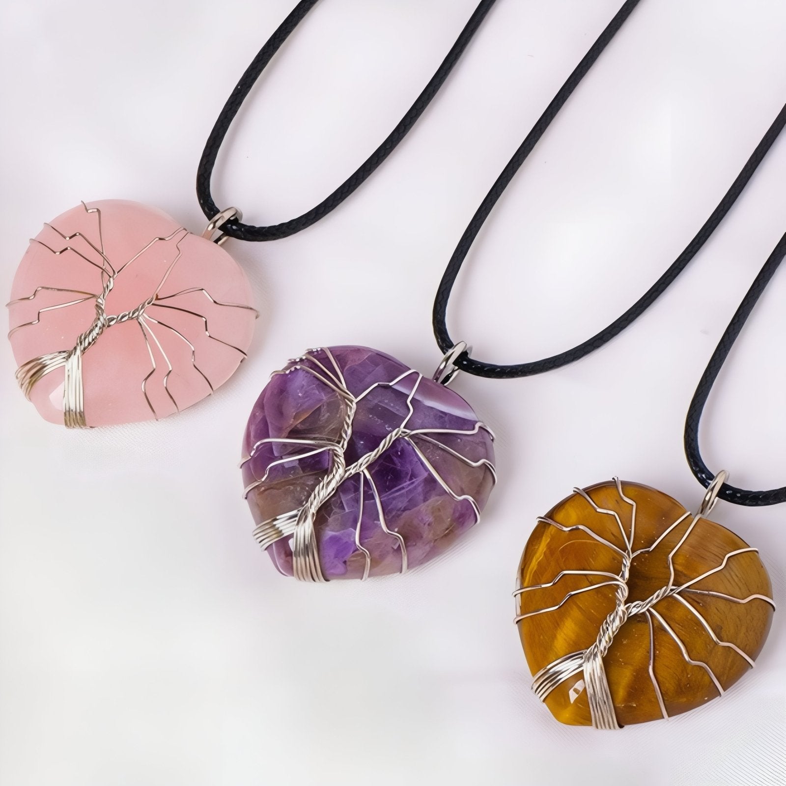 Collier pendentif cœur en pierre naturelle, orné d'un arbre de vie, avec cordon noir