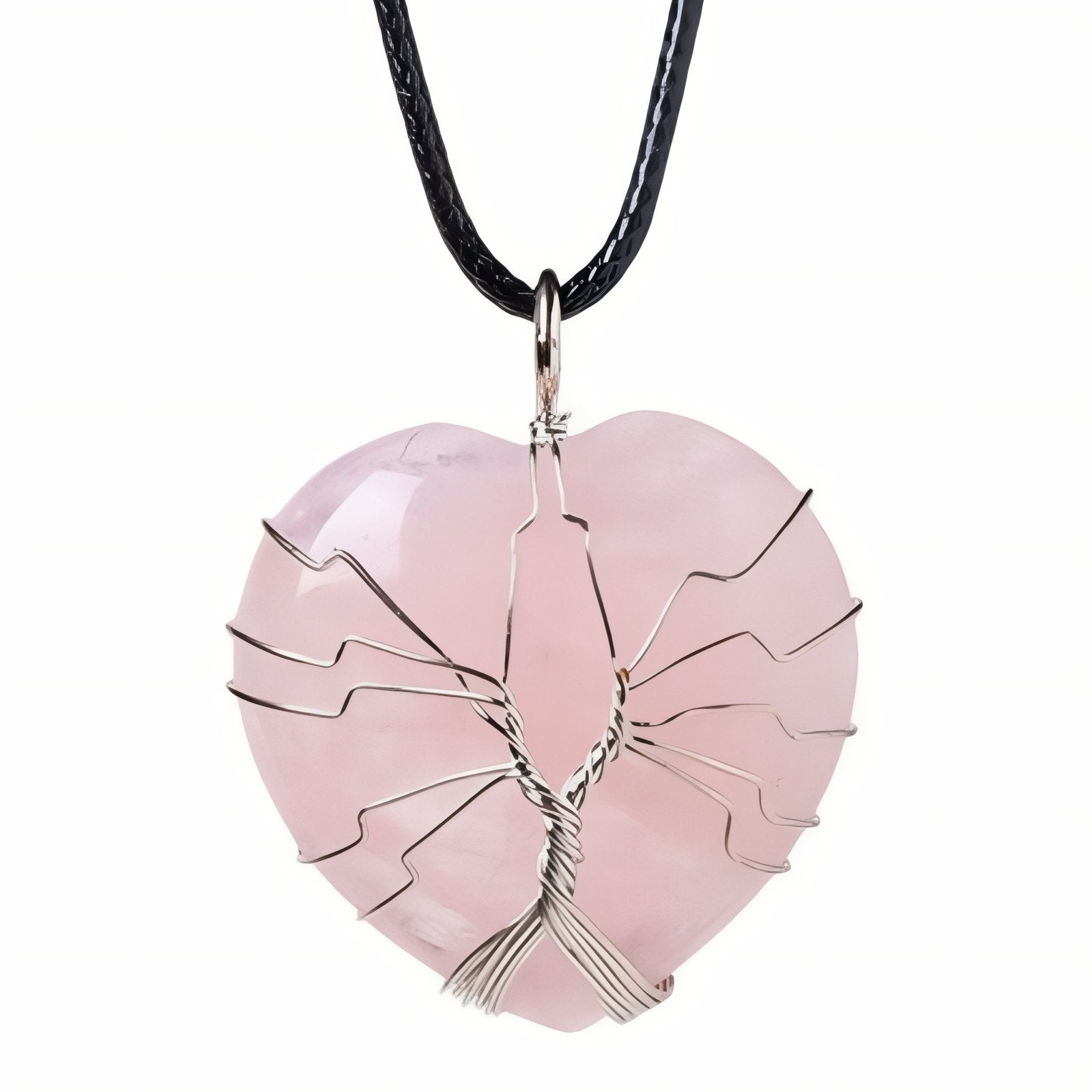 Collier pendentif cœur en pierre naturelle, orné d'un arbre de vie, avec cordon noir