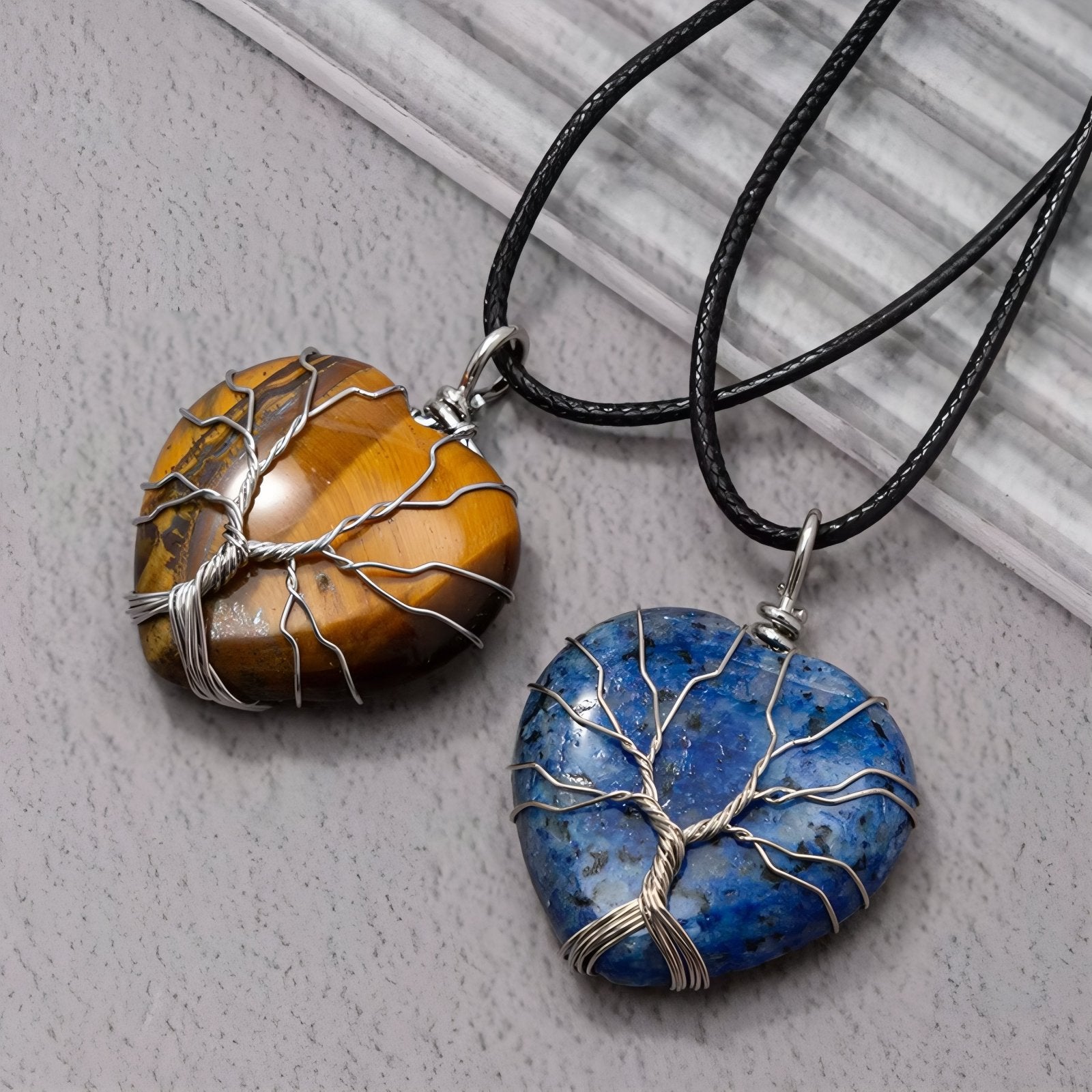 Collier pendentif cœur en pierre naturelle, orné d'un arbre de vie, avec cordon noir