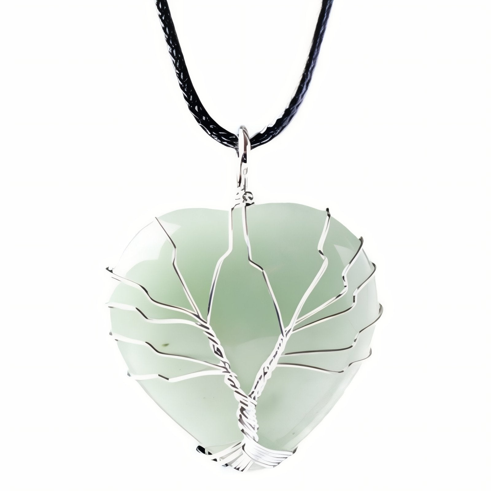 Collier pendentif cœur en pierre naturelle, orné d'un arbre de vie, avec cordon noir