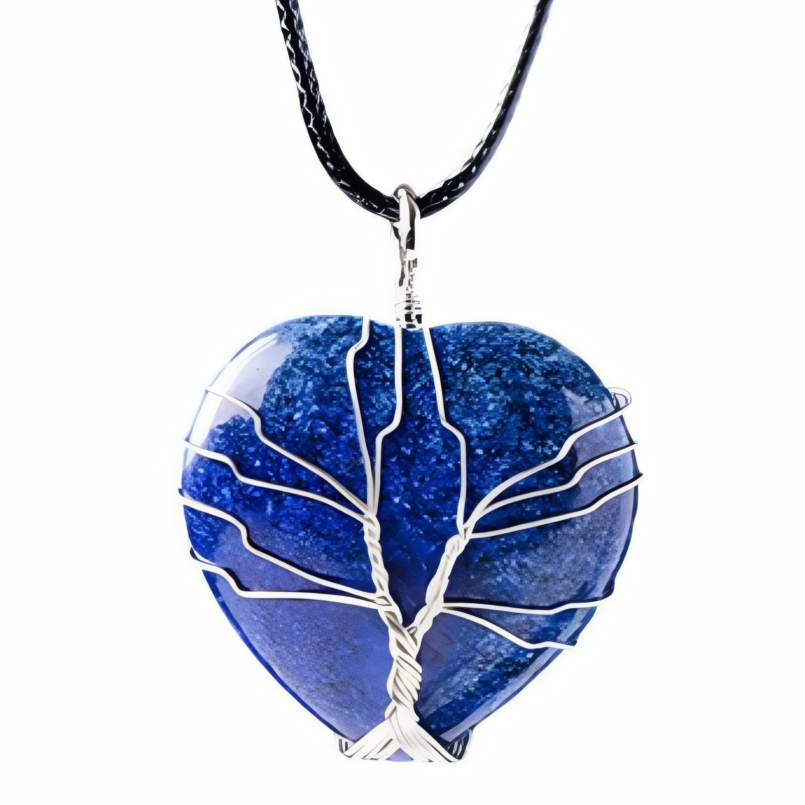 Collier pendentif cœur en pierre naturelle, orné d'un arbre de vie, avec cordon noir