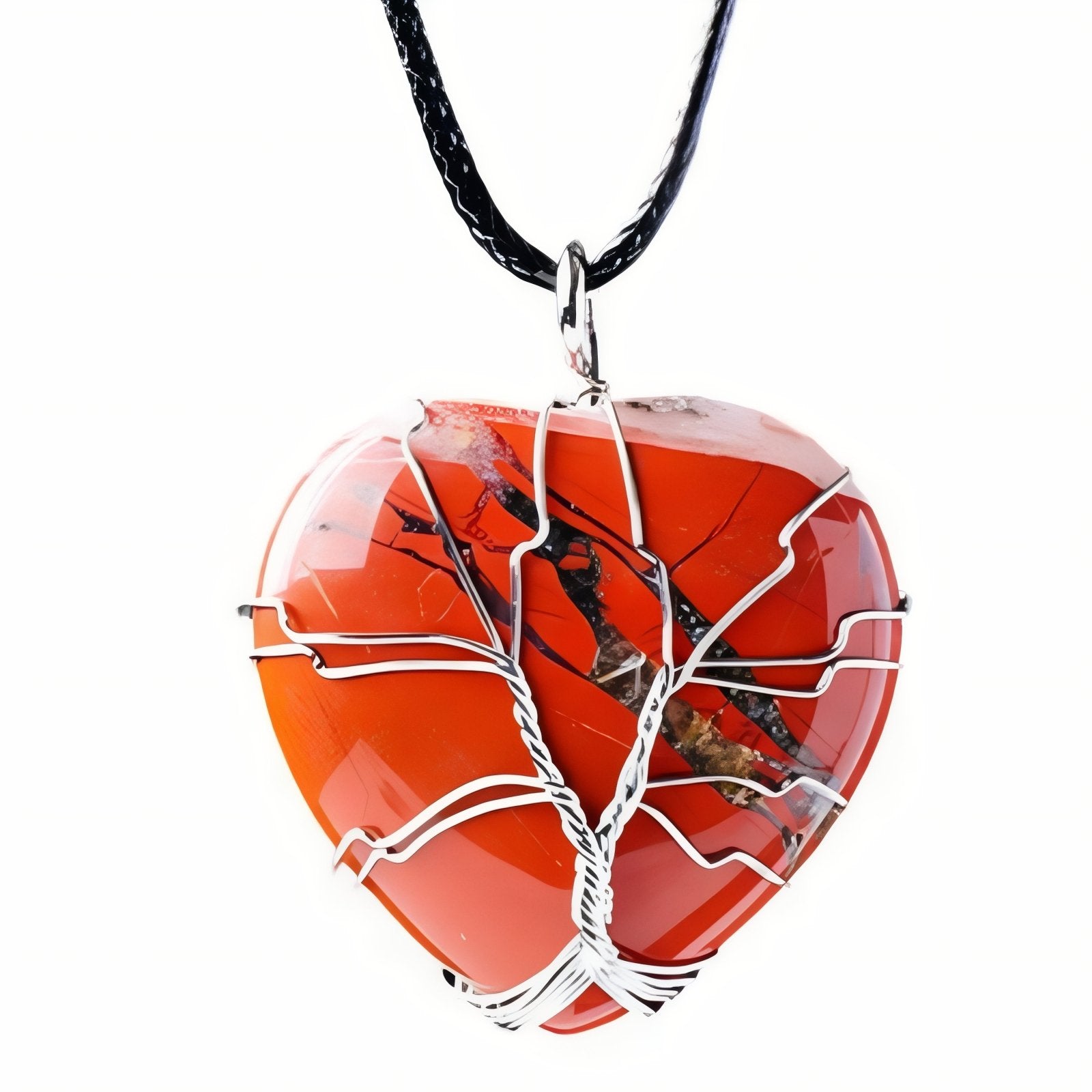 Collier pendentif cœur en pierre naturelle, orné d'un arbre de vie, avec cordon noir