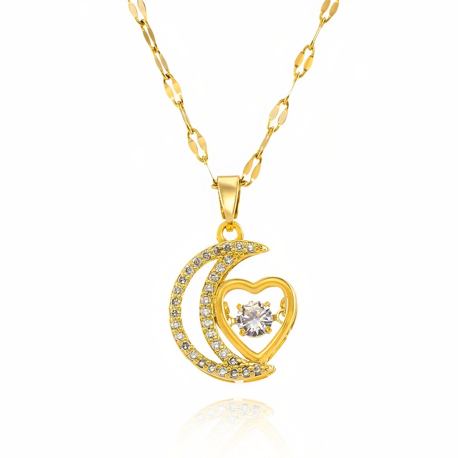 Collier pendentif cœur et lune, en titane doré, pendentif strass, modèle Sohana