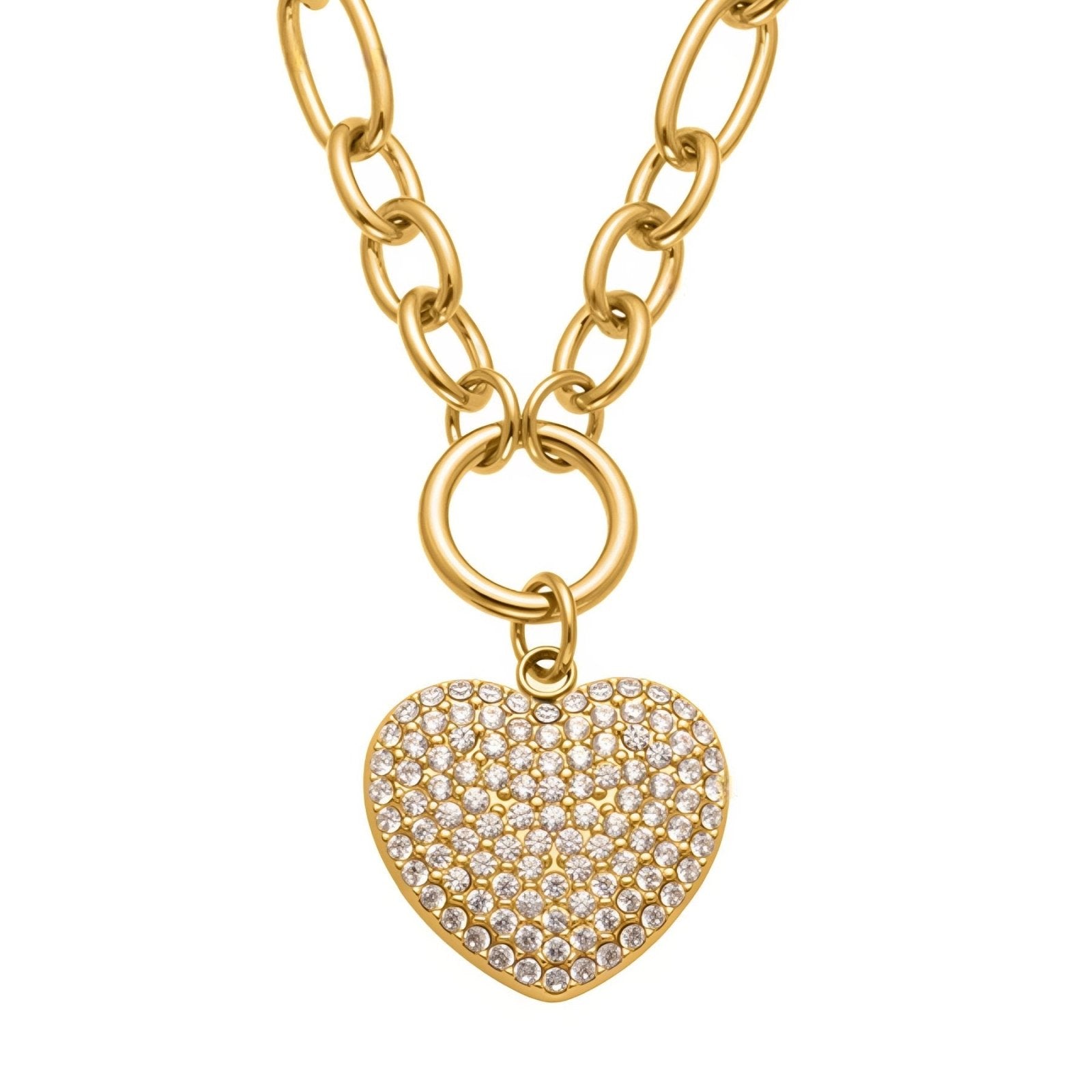 Collier pendentif cœur pavé de zircon, chaîne maillons larges, en acier inoxydable plaqué or 18K