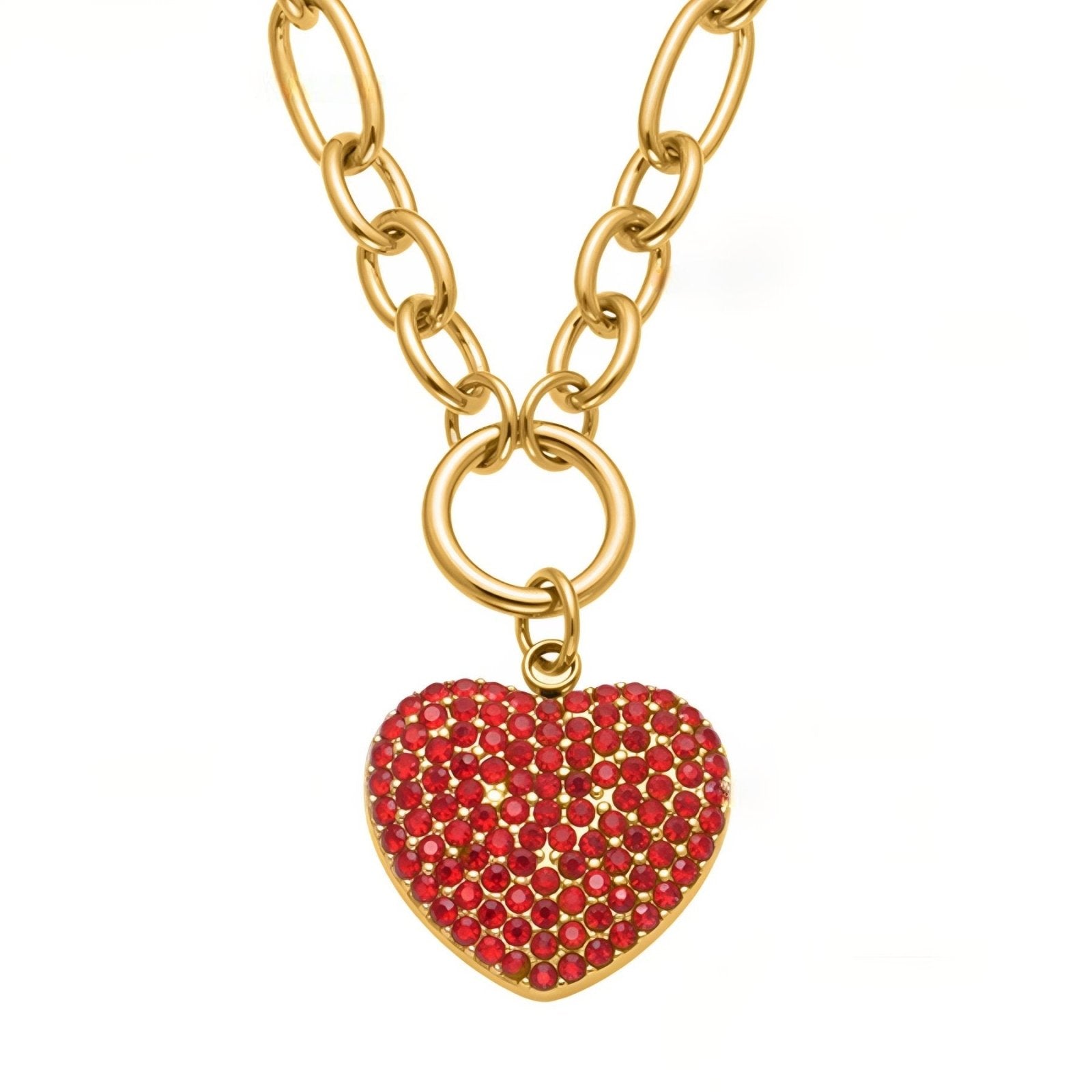 Collier pendentif cœur pavé de zircon, chaîne maillons larges, en acier inoxydable plaqué or 18K