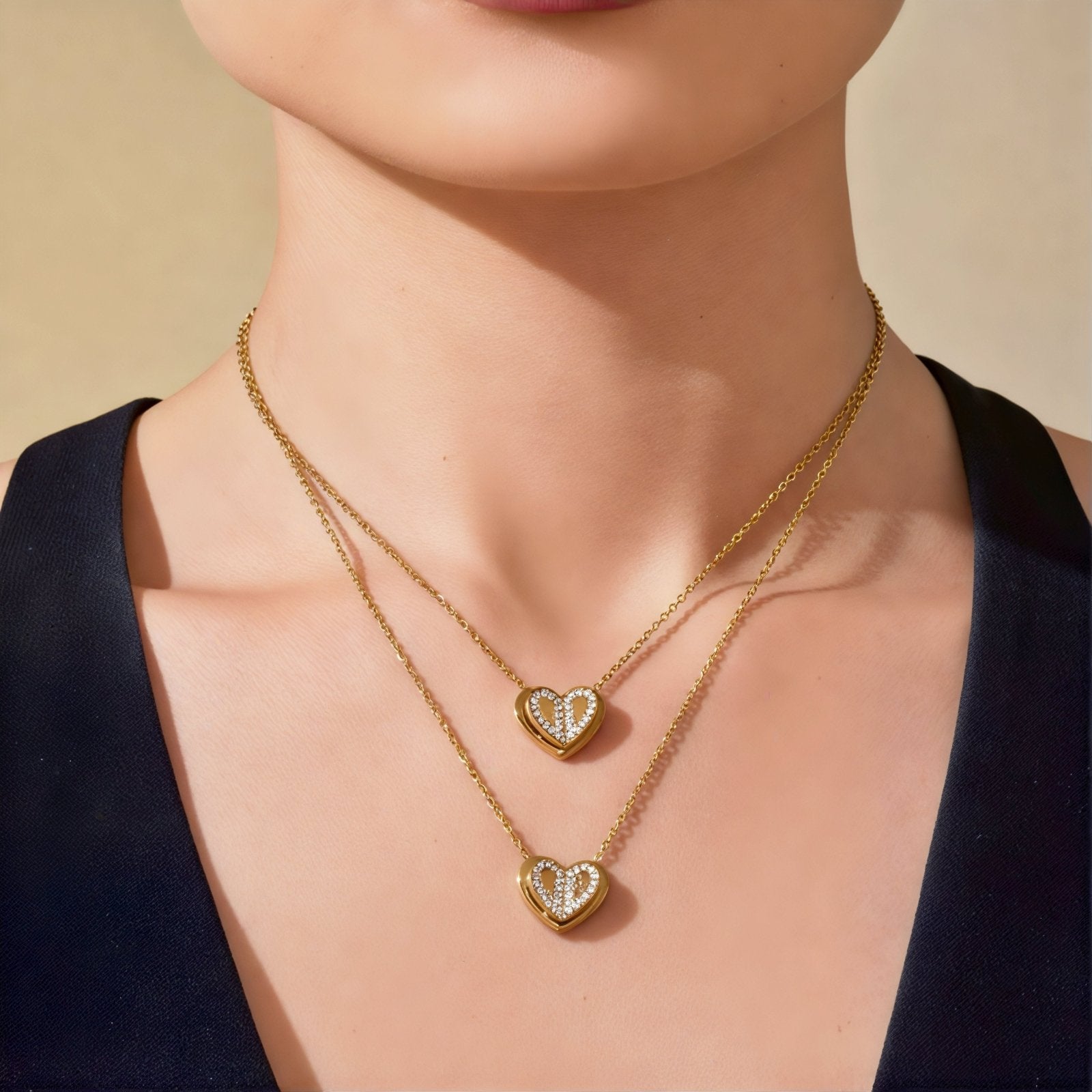 Collier pendentif cœur pour femme, avec zircon, en acier inoxydable