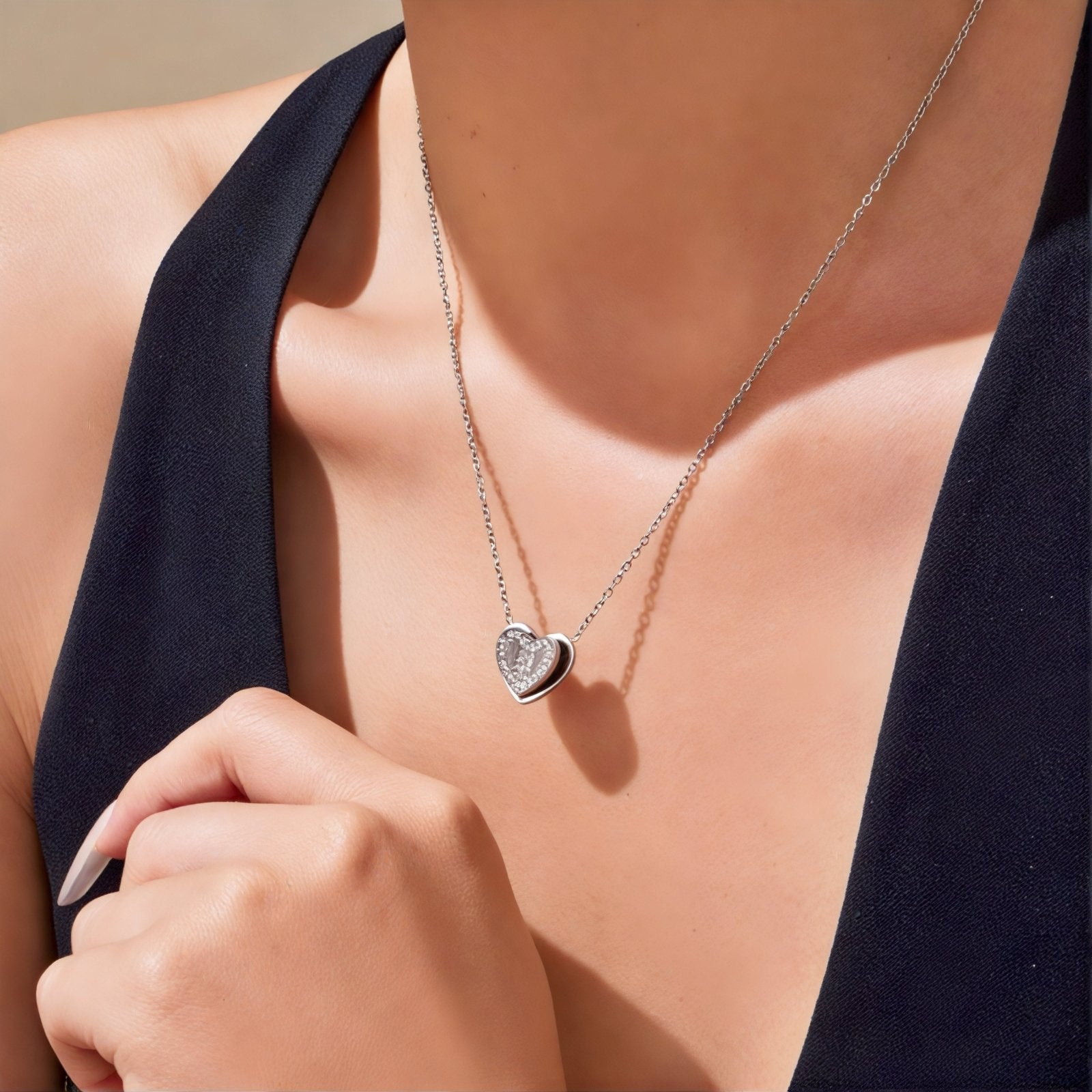 Collier pendentif cœur pour femme, avec zircon, en acier inoxydable