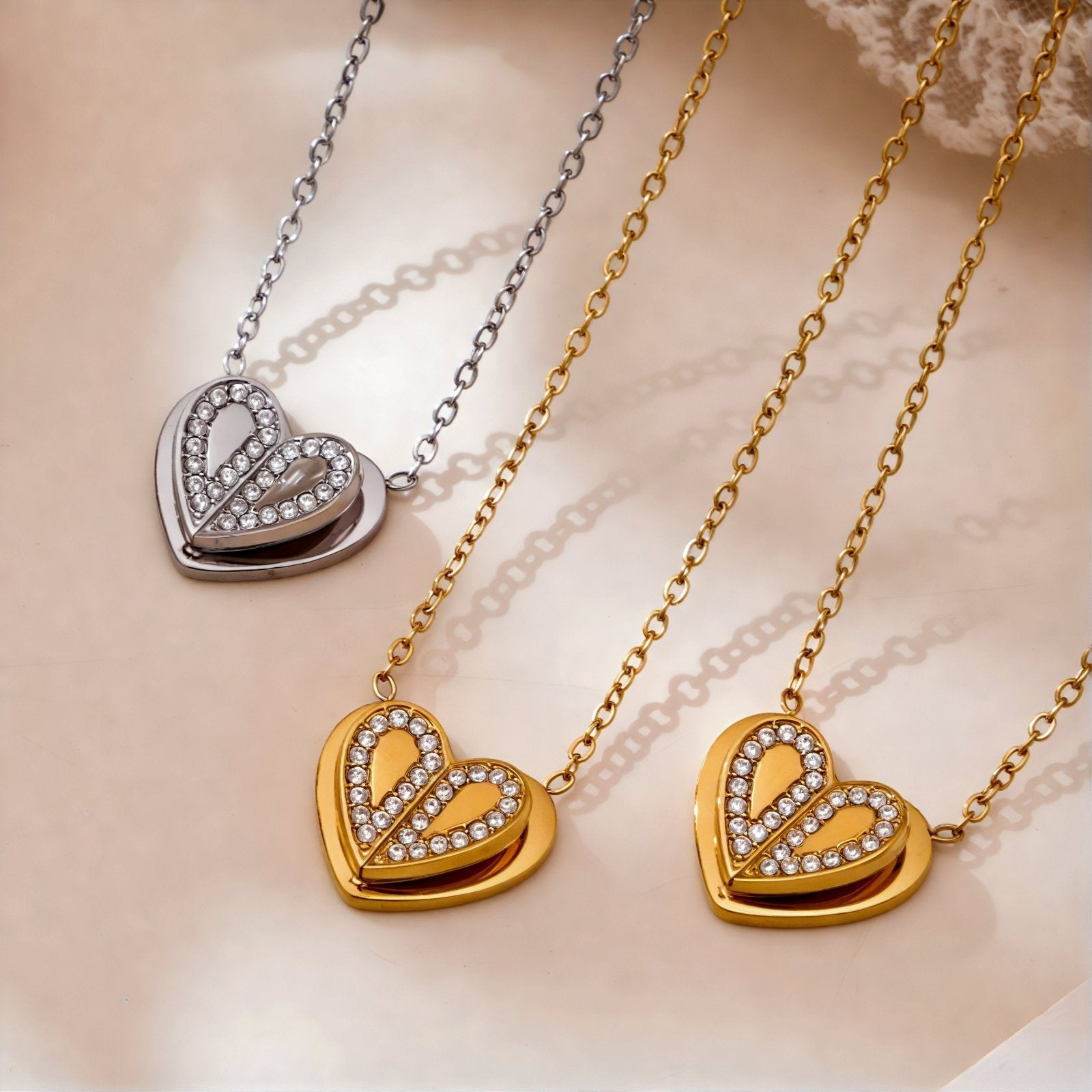 Collier pendentif cœur pour femme, avec zircon, en acier inoxydable