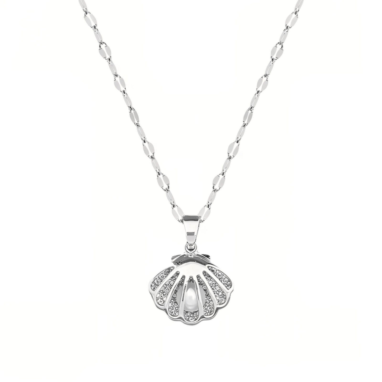 Collier pendentif coquillage ajourée, zircon et perle, or ou argent, modèle Océane