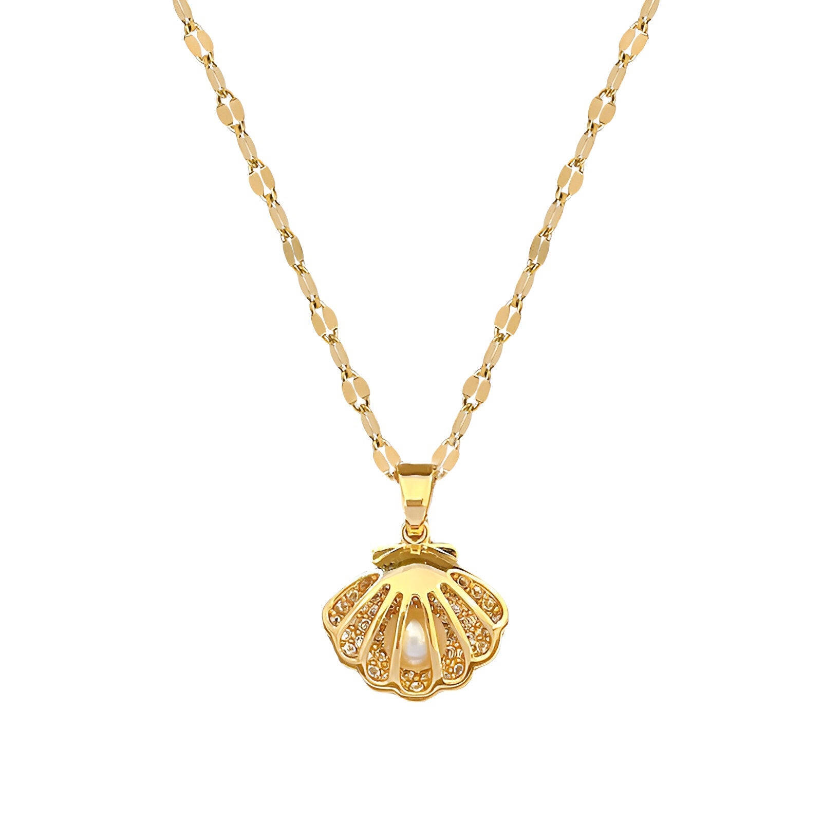 Collier pendentif coquillage ajourée, zircon et perle, or ou argent, modèle Océane