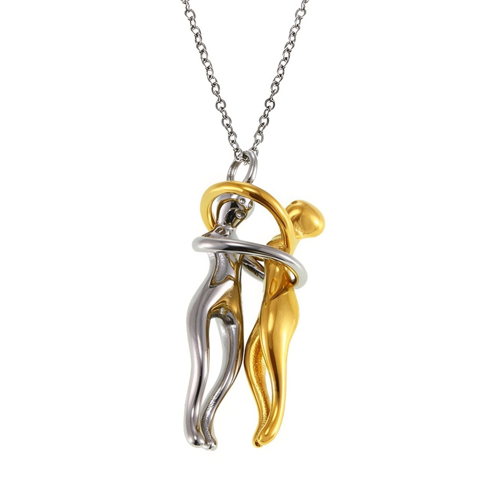 Collier pendentif couple enlacé, acier inoxydable bicolore or et argent, bijou symbolique