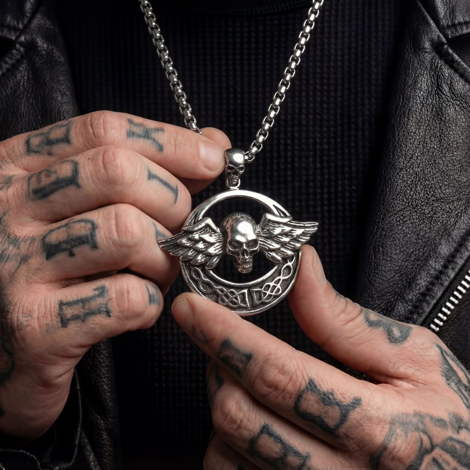 Collier pendentif crâne avec ailes pour homme, en acier inoxydable, style gothique