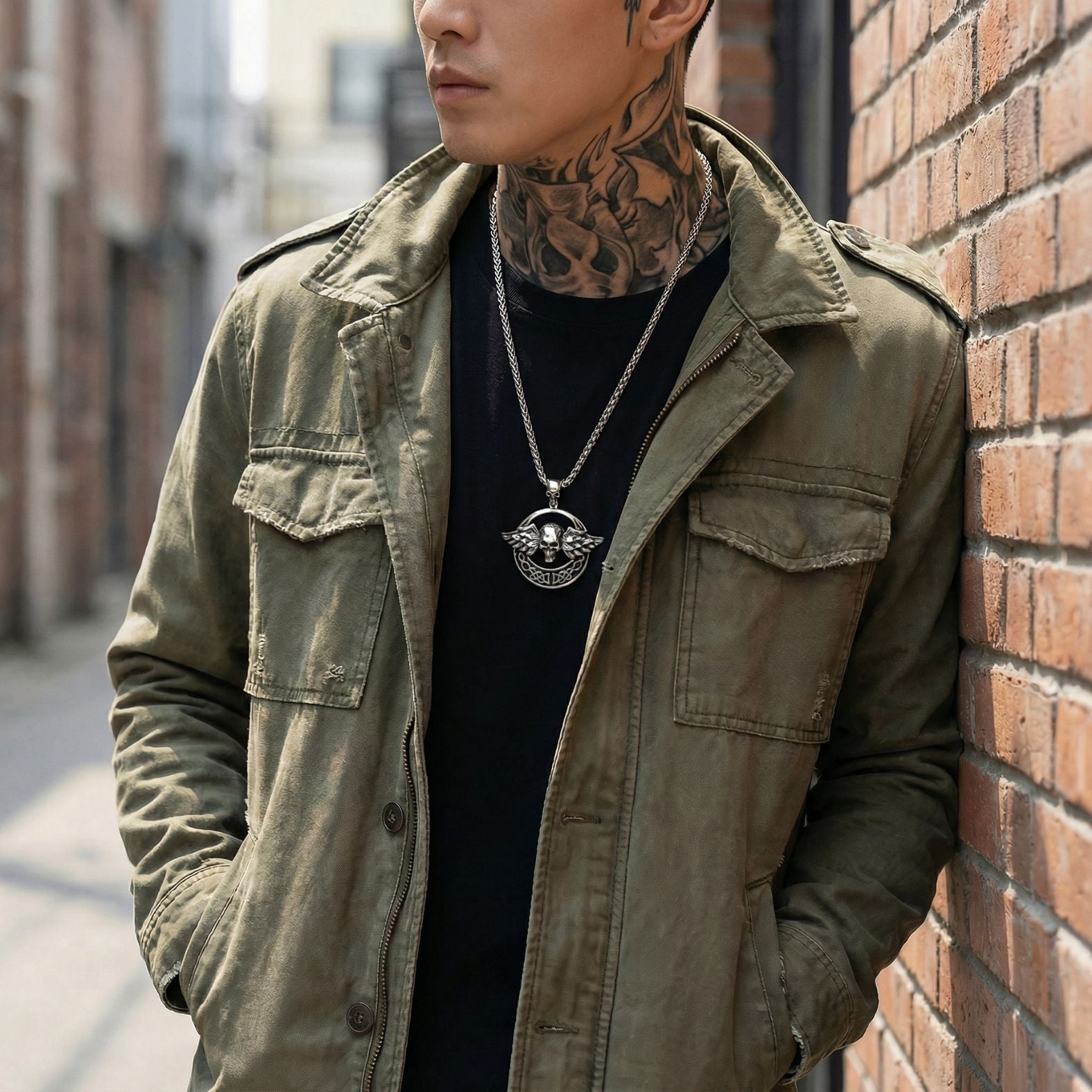 Collier pendentif crâne avec ailes pour homme, en acier inoxydable, style gothique