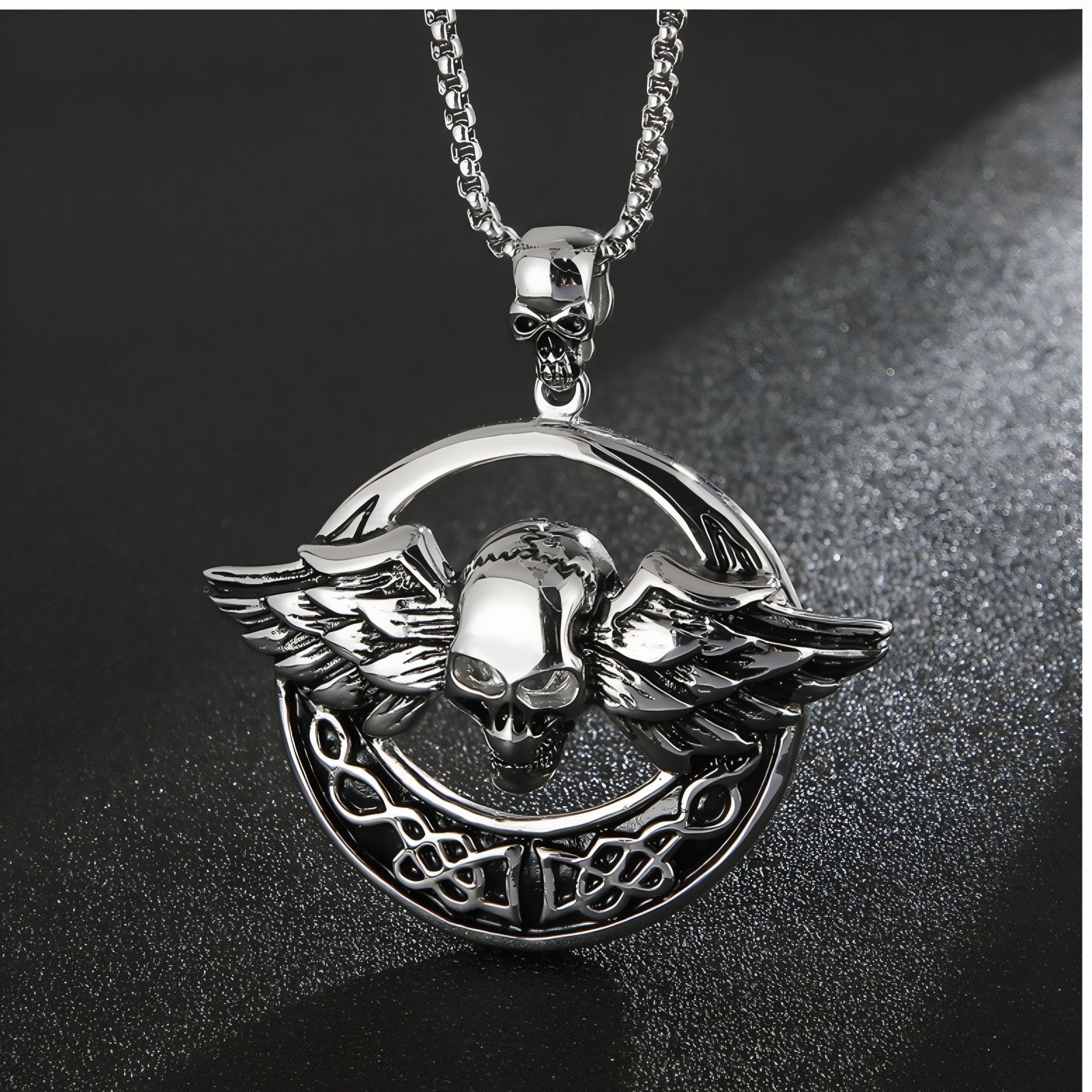 Collier pendentif crâne avec ailes pour homme, en acier inoxydable, style gothique