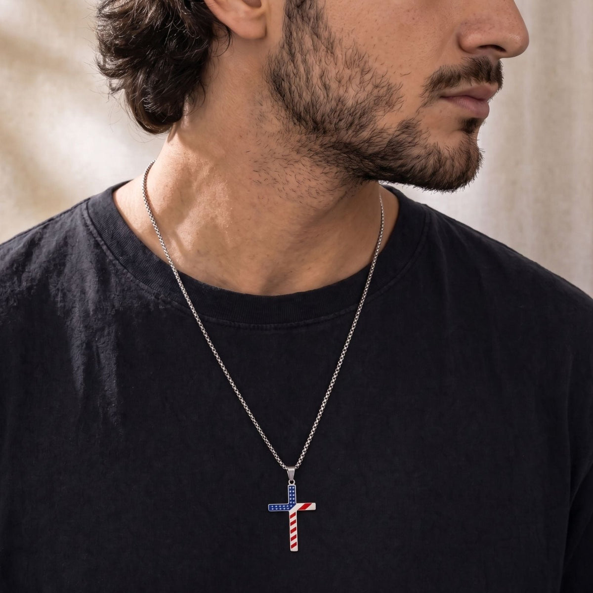 Collier pendentif croix américaine pour homme, en acier inoxydable, motif drapeau des États-Unis avec étoiles et rayures