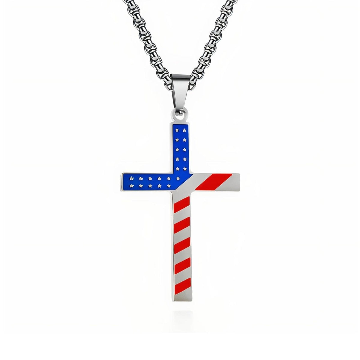 Collier pendentif croix américaine pour homme, en acier inoxydable, motif drapeau des États-Unis avec étoiles et rayures