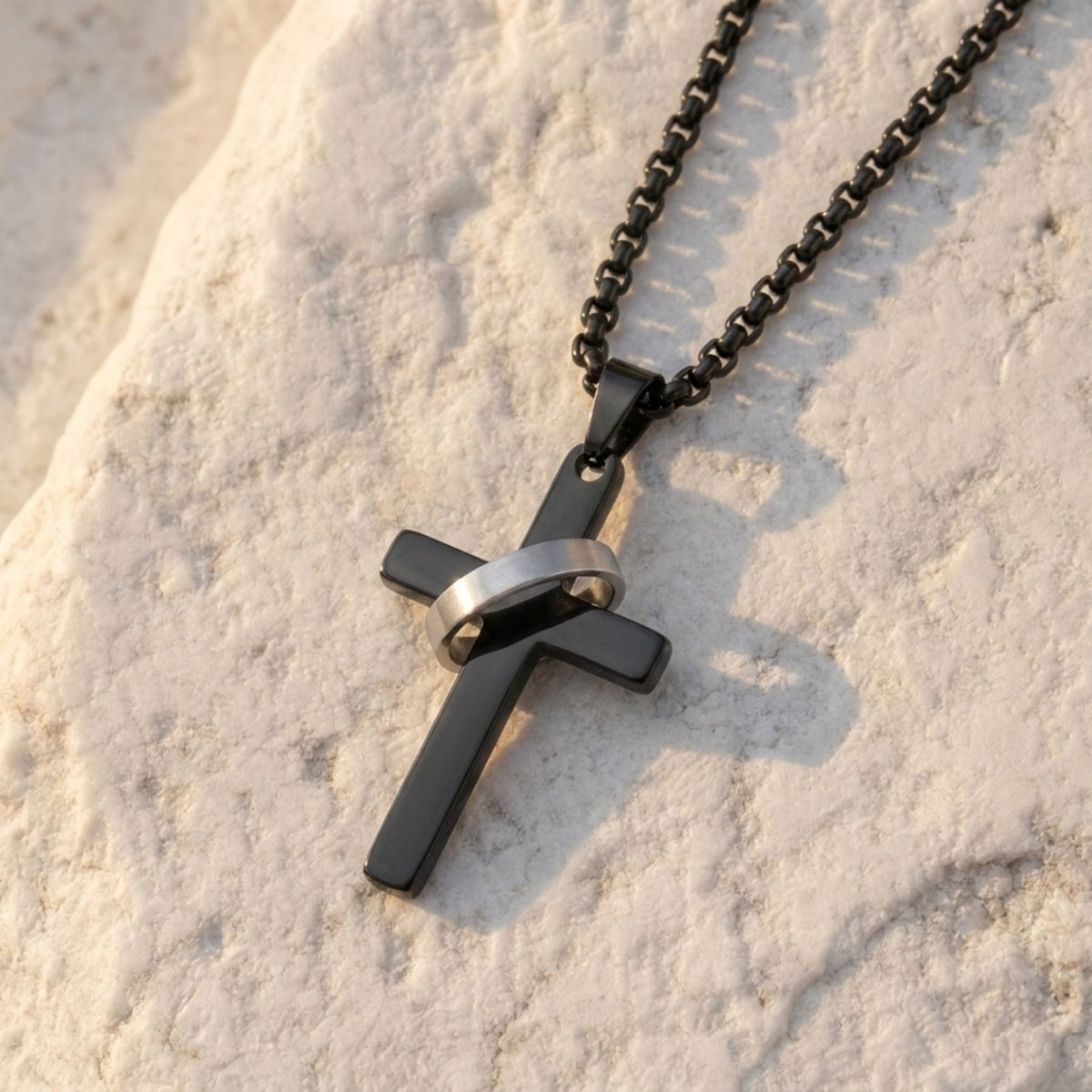 Collier pendentif croix avec anneau pour homme, en acier inoxydable noir, style moderne